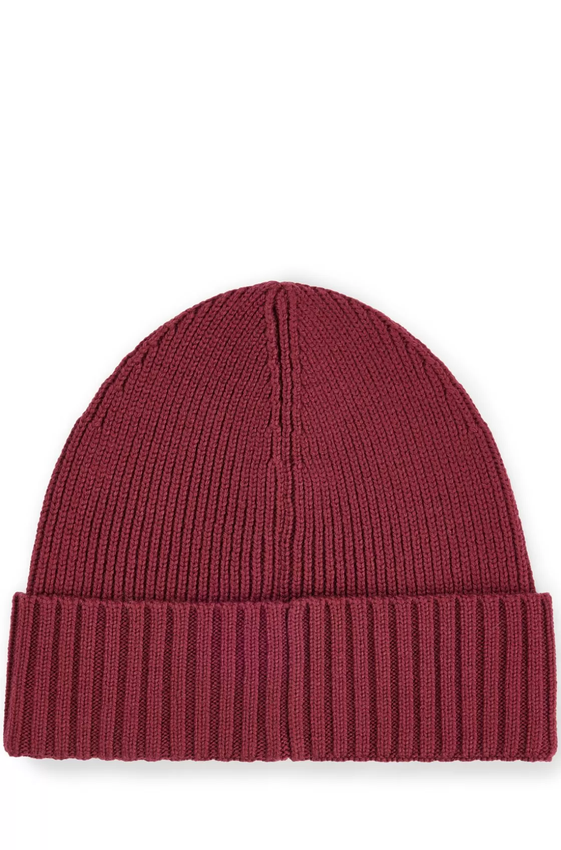 HUGO BOSS Ribbed Beanie Hat In Virgin Wool Dark Red Clearance