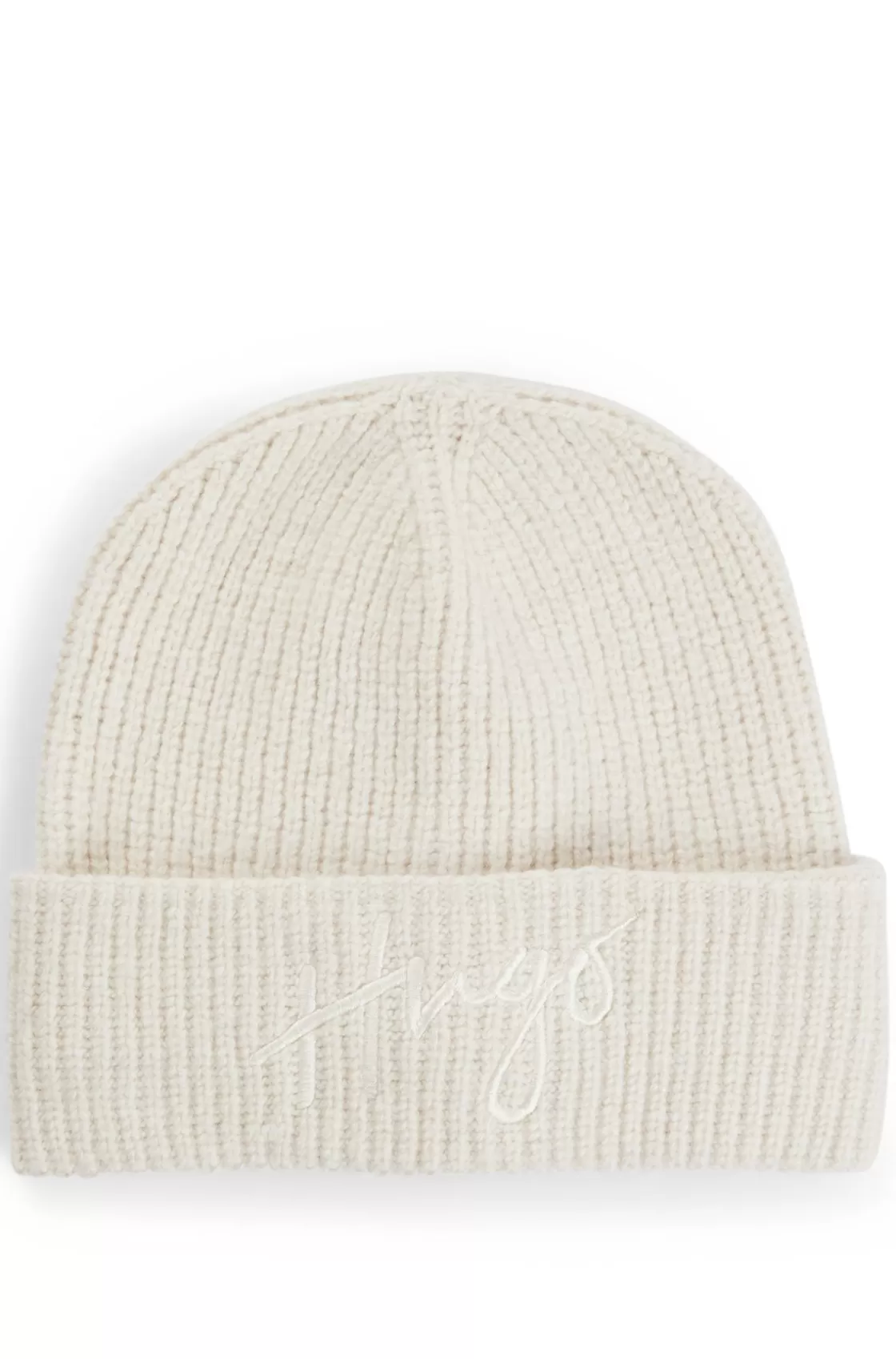 HUGO BOSS Ribbed Beanie Hat With Embroidered Handwritten Logo White Store