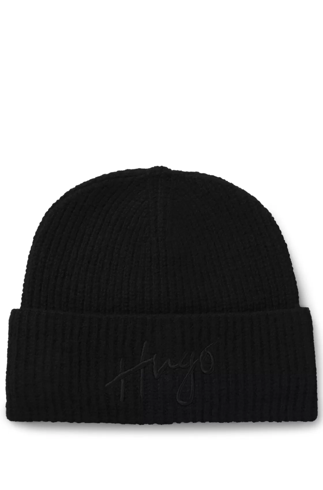 HUGO BOSS Ribbed Beanie Hat With Embroidered Handwritten Logo Black Store