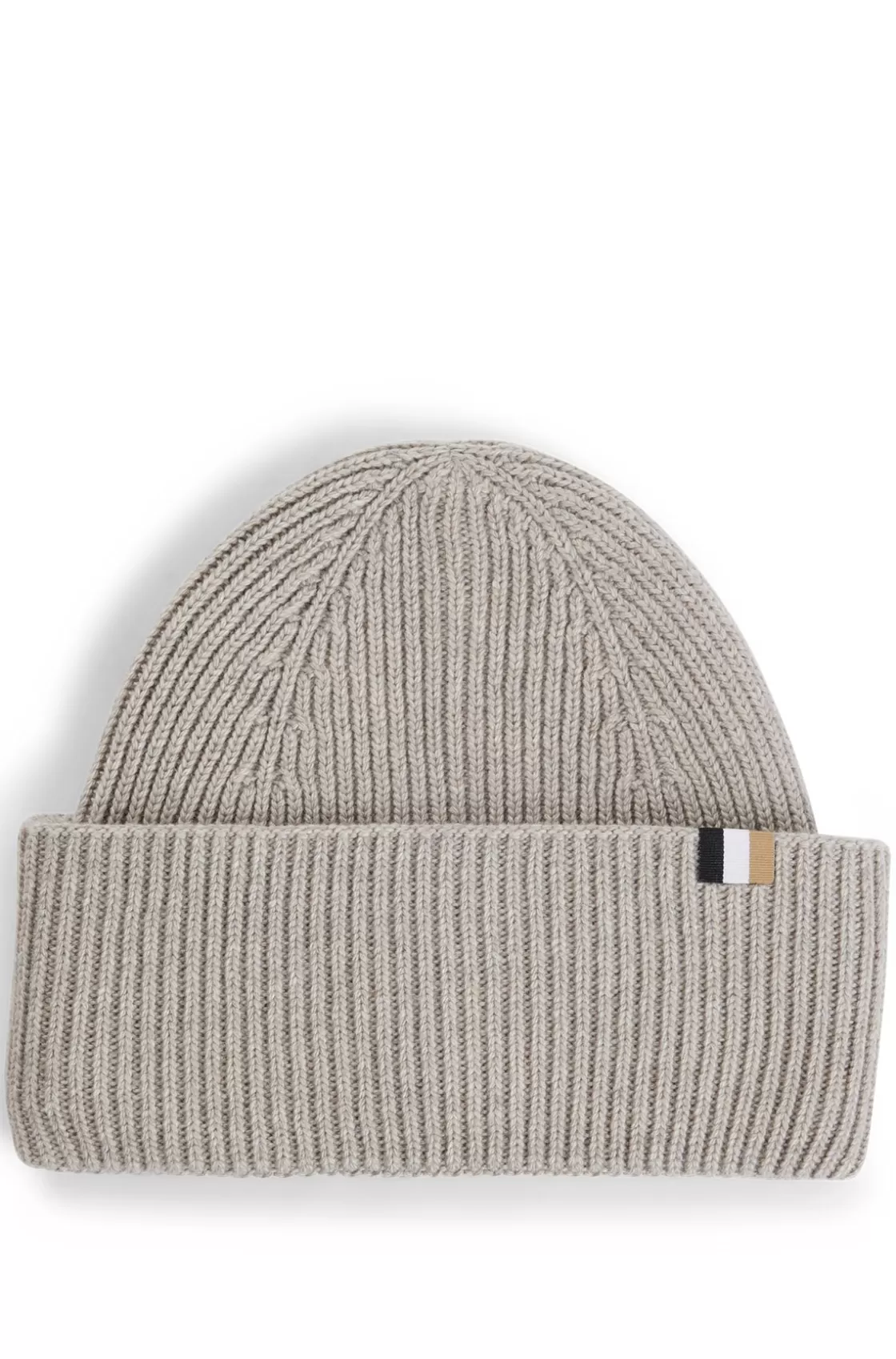 HUGO BOSS Ribbed Beanie Hat With Signature-stripe Trim Light Grey Sale
