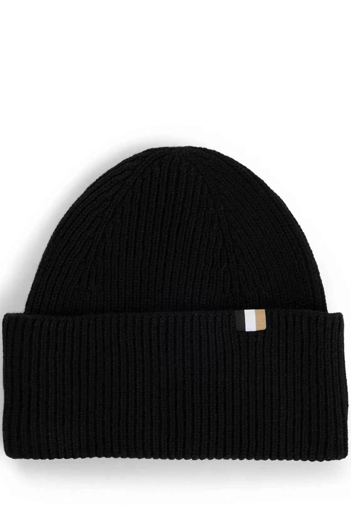 HUGO BOSS Ribbed Beanie Hat With Signature-stripe Trim Black Flash Sale
