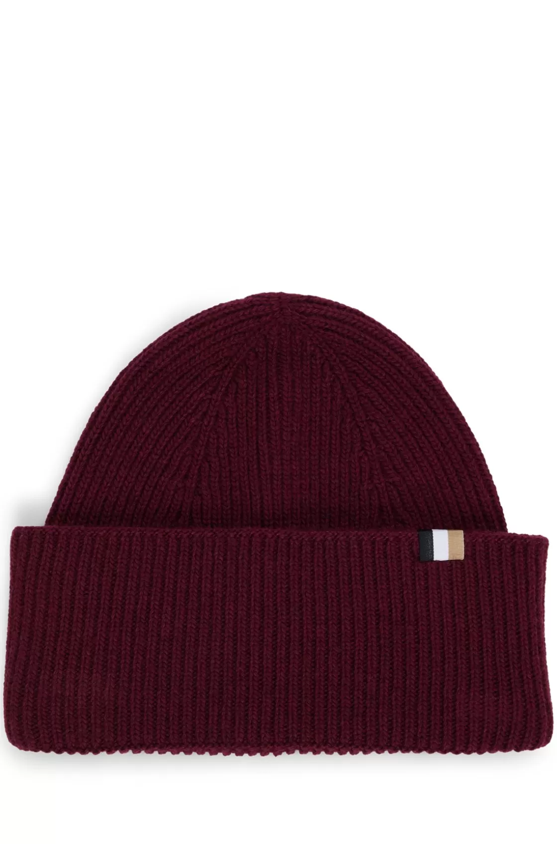 HUGO BOSS Ribbed Beanie Hat With Signature-stripe Trim Dark Red Cheap