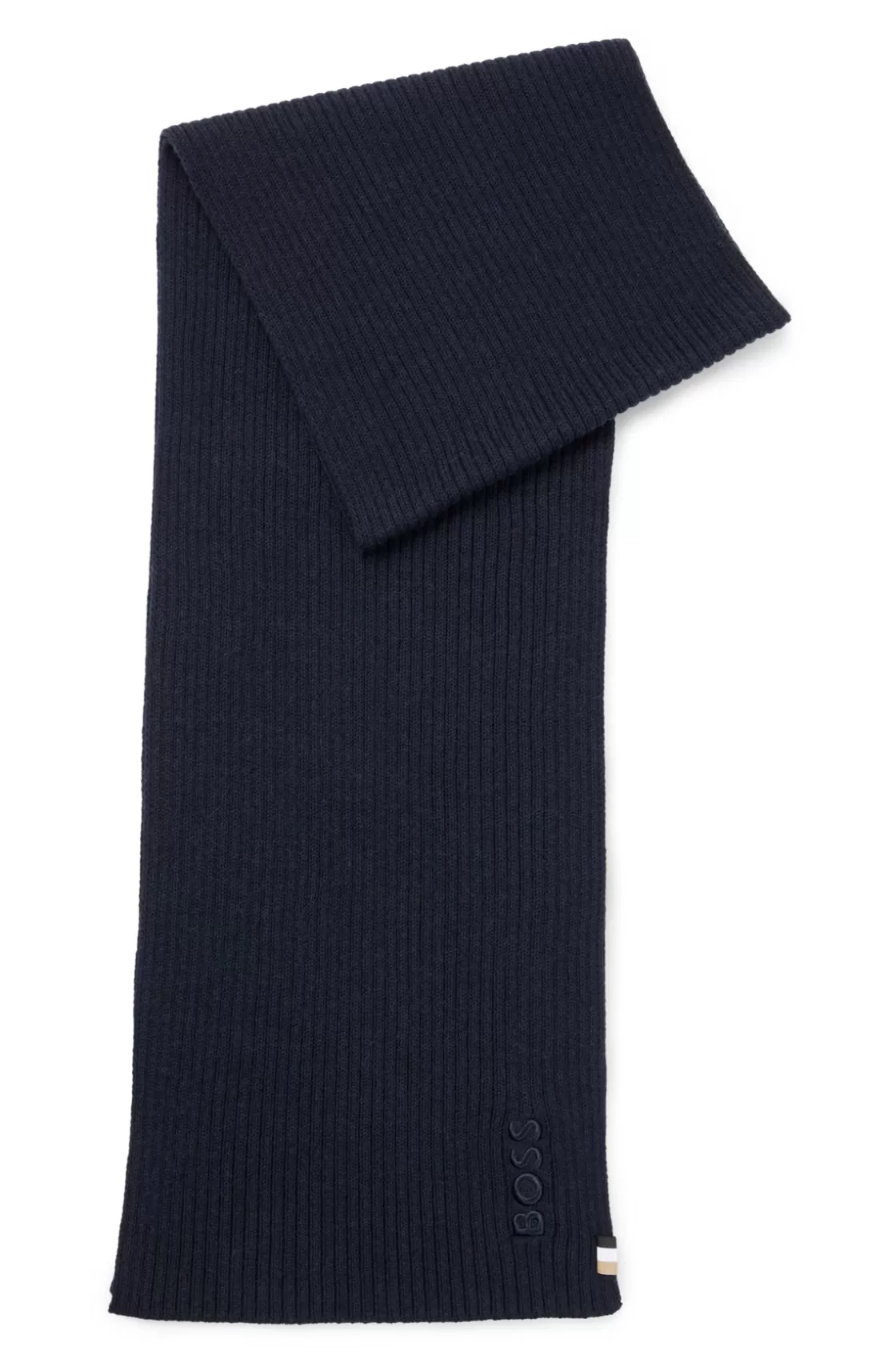 HUGO BOSS Ribbed Scarf In A Cotton Blend With Logo Details Dark Blue New