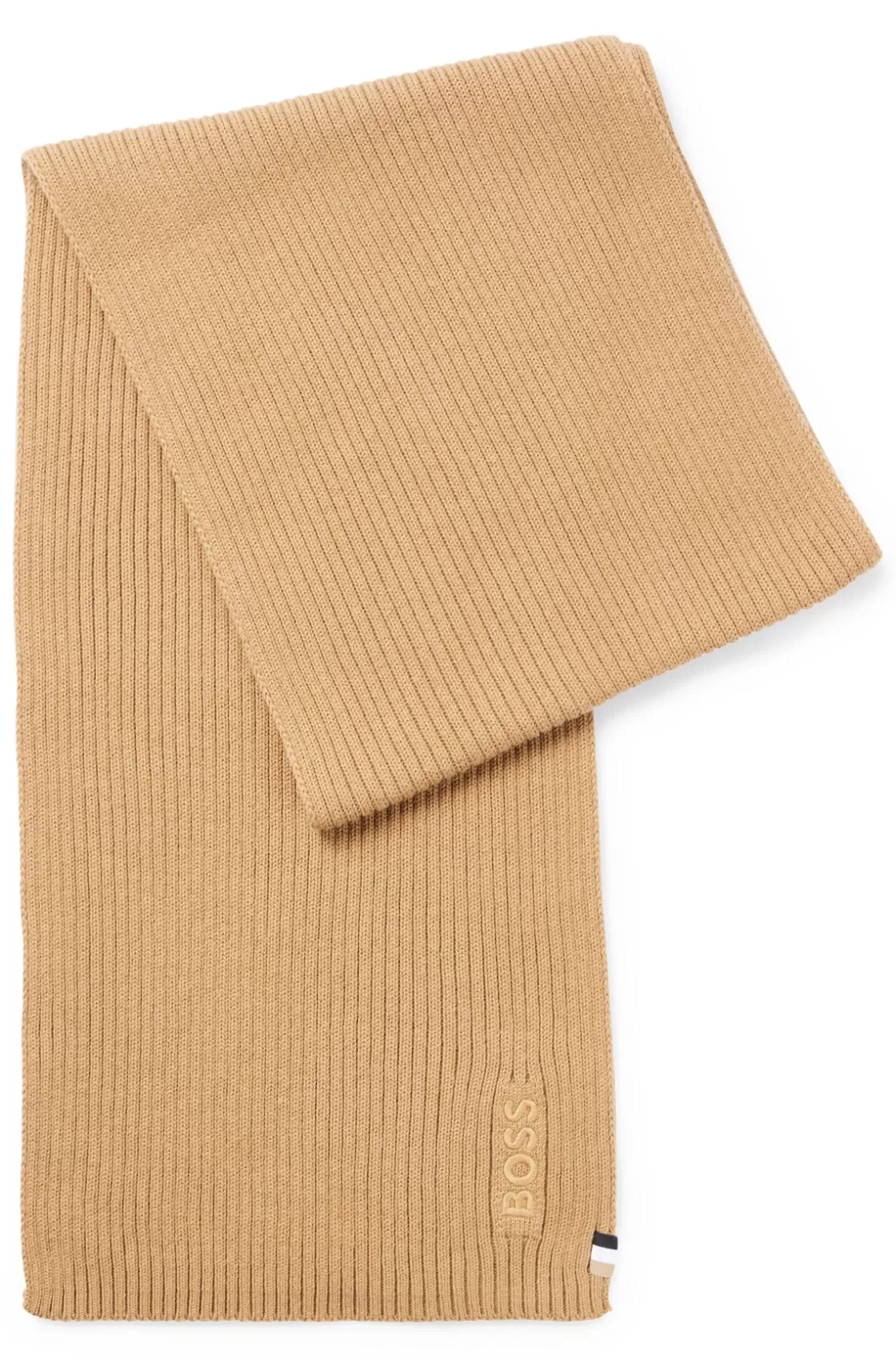HUGO BOSS Ribbed Scarf In A Cotton Blend With Logo Details Beige Sale