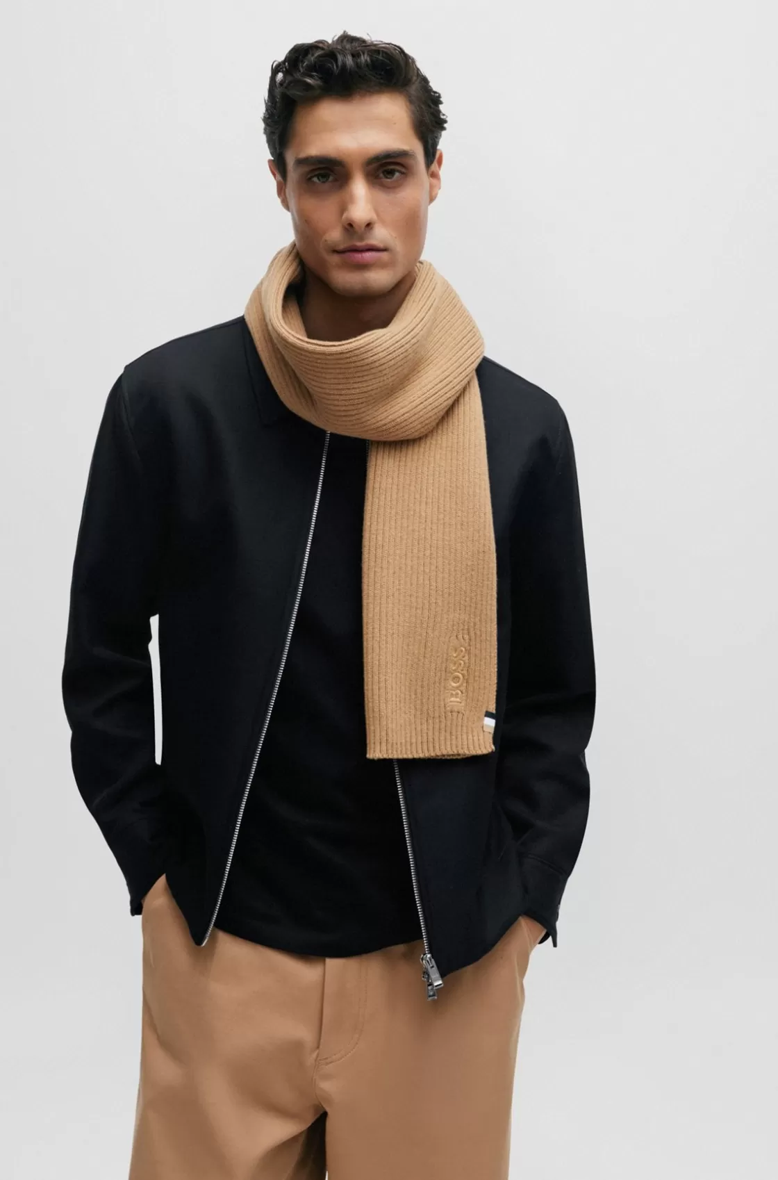 HUGO BOSS Ribbed Scarf In A Cotton Blend With Logo Details Beige Sale