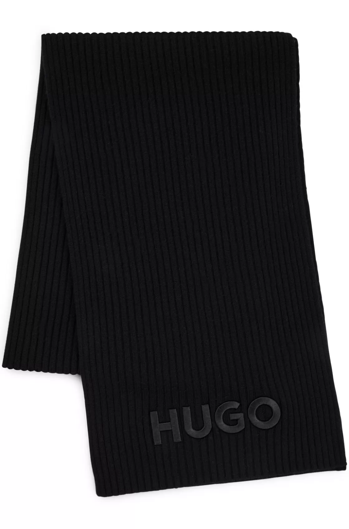 HUGO BOSS Ribbed Scarf In Wool With Embroidered Logo Black Online