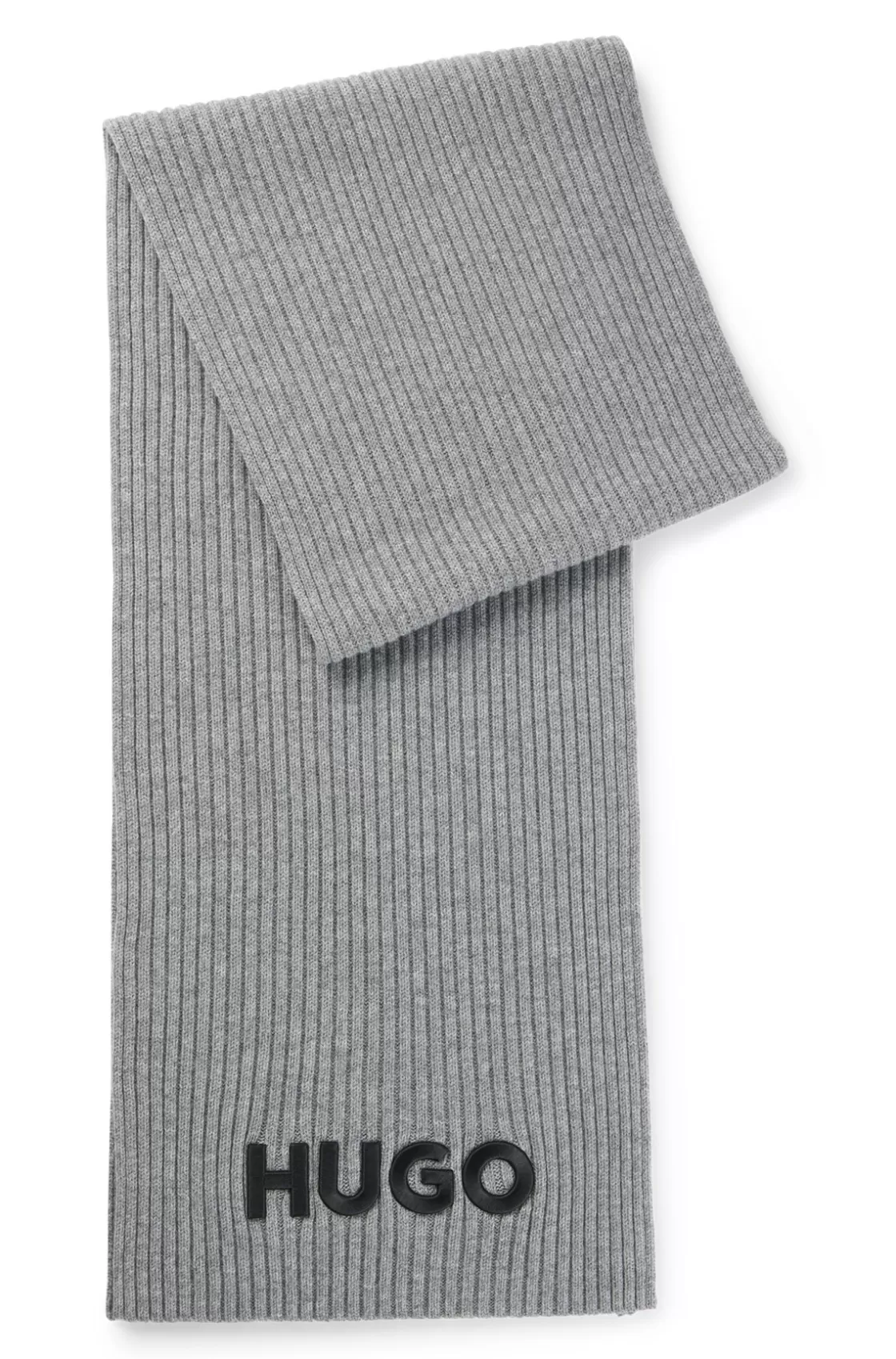 HUGO BOSS Ribbed Scarf In Wool With Embroidered Logo Grey Cheap