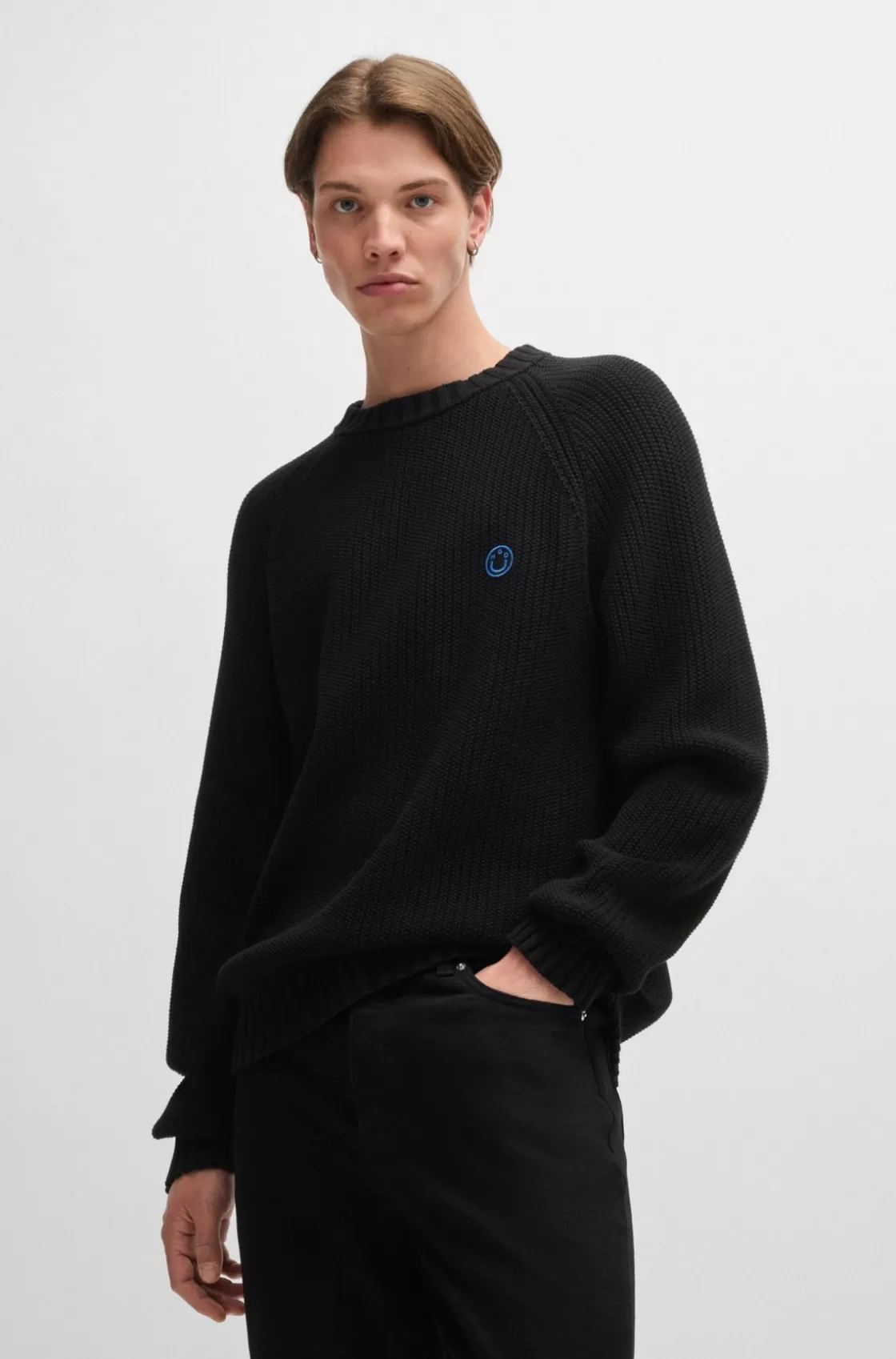 HUGO BOSS Ribbed-cotton Sweater With Logo Badge Black Cheap