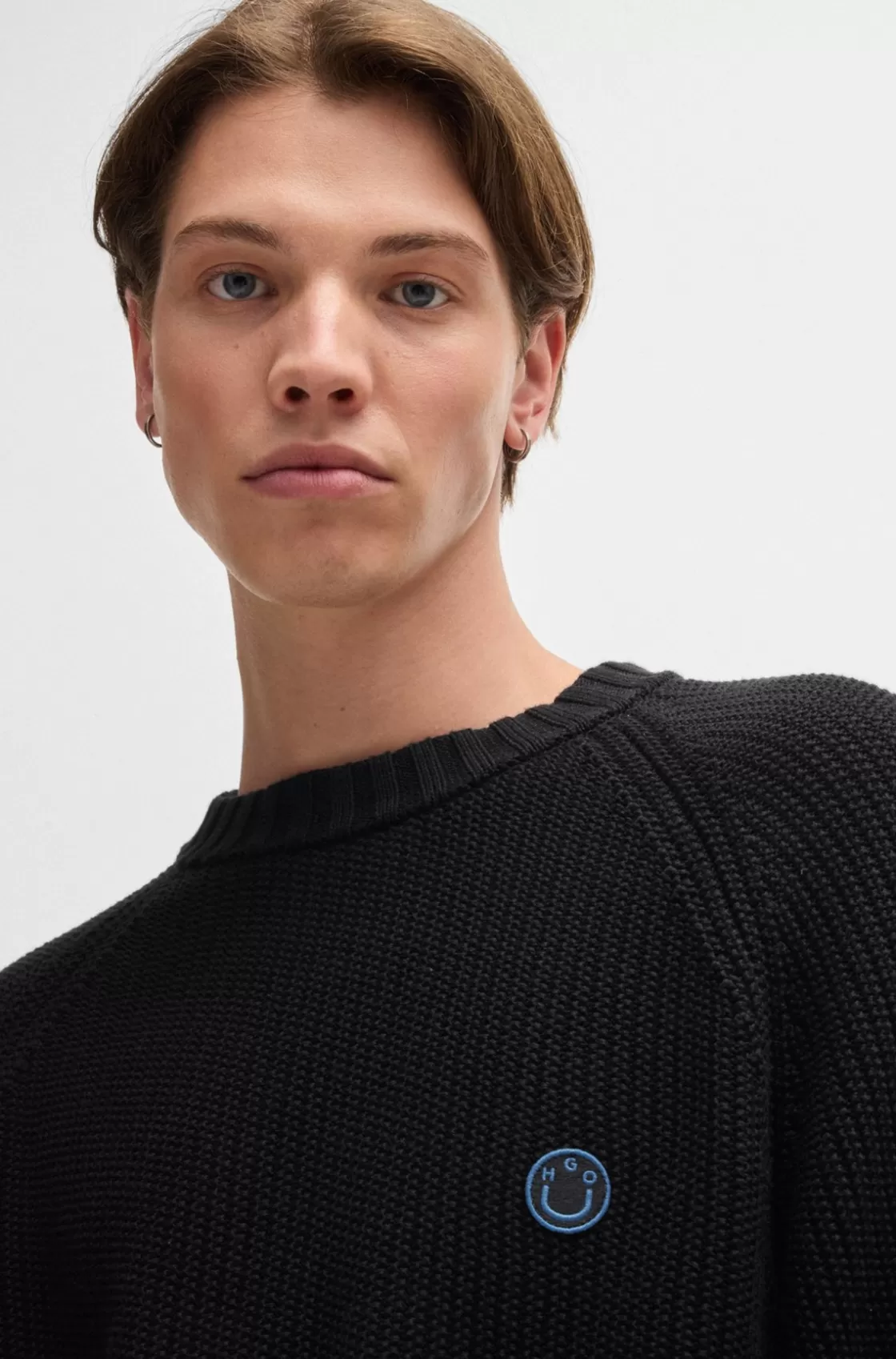 HUGO BOSS Ribbed-cotton Sweater With Logo Badge Black Cheap
