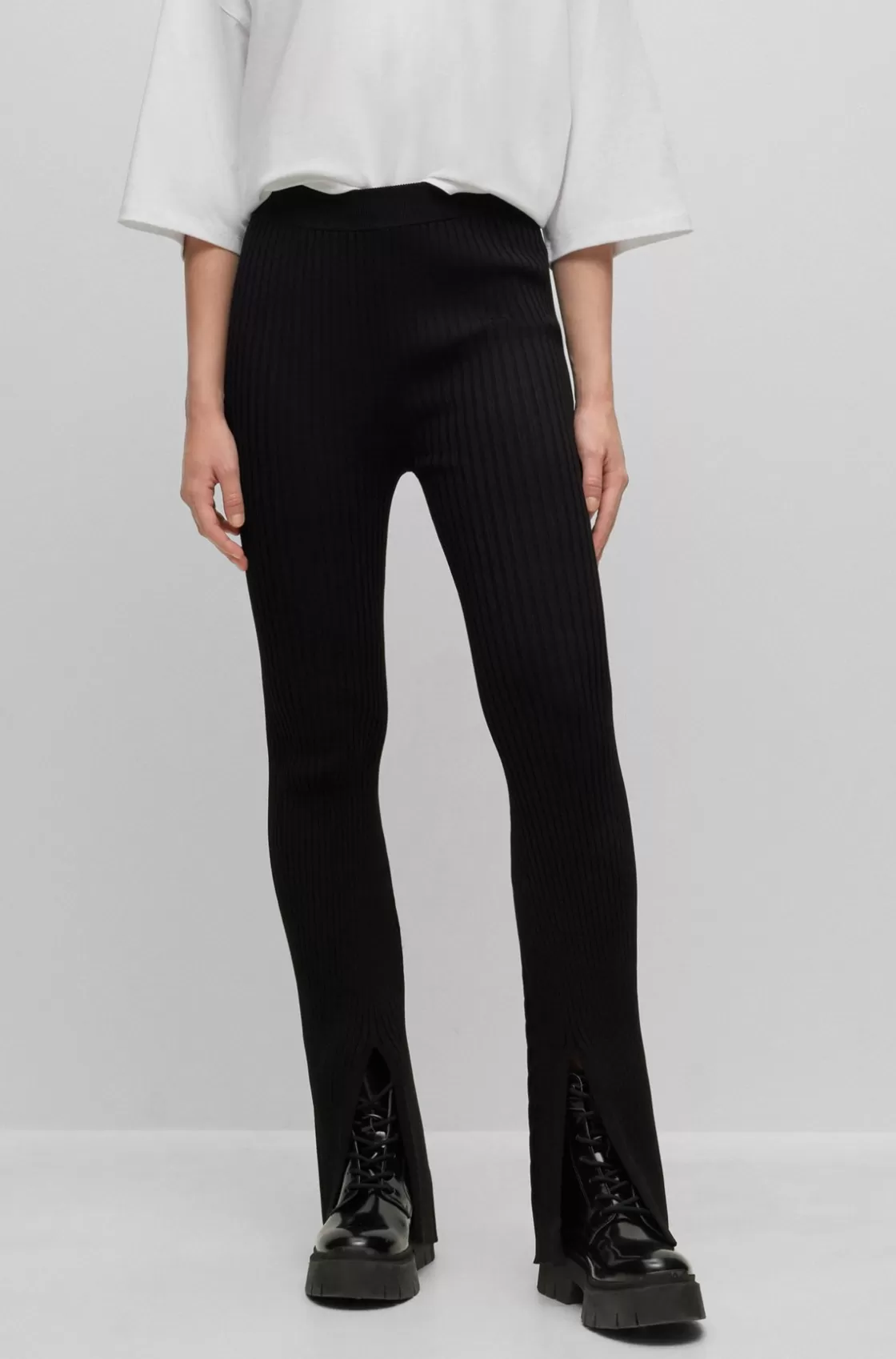 HUGO BOSS Ribbed-crepe Regular-fit Trousers With Slit Hems Black Store