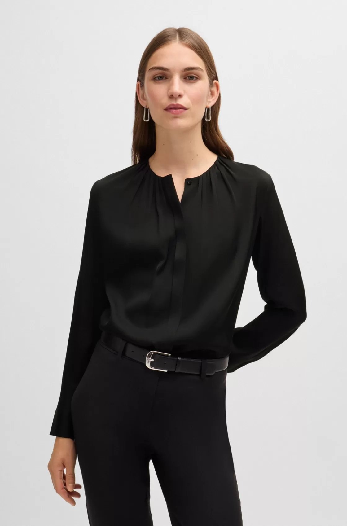 HUGO BOSS Ruched-neck Blouse In Stretch-silk Crepe De Chine Black Discount