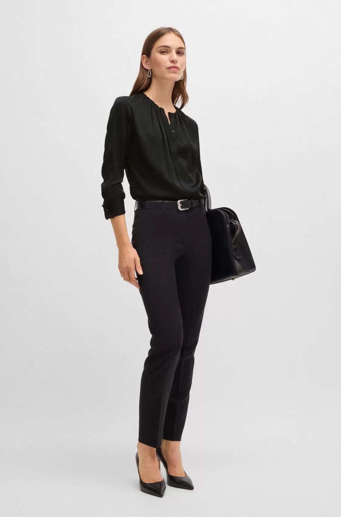 HUGO BOSS Ruched-neck Blouse In Stretch-silk Crepe De Chine Black Discount