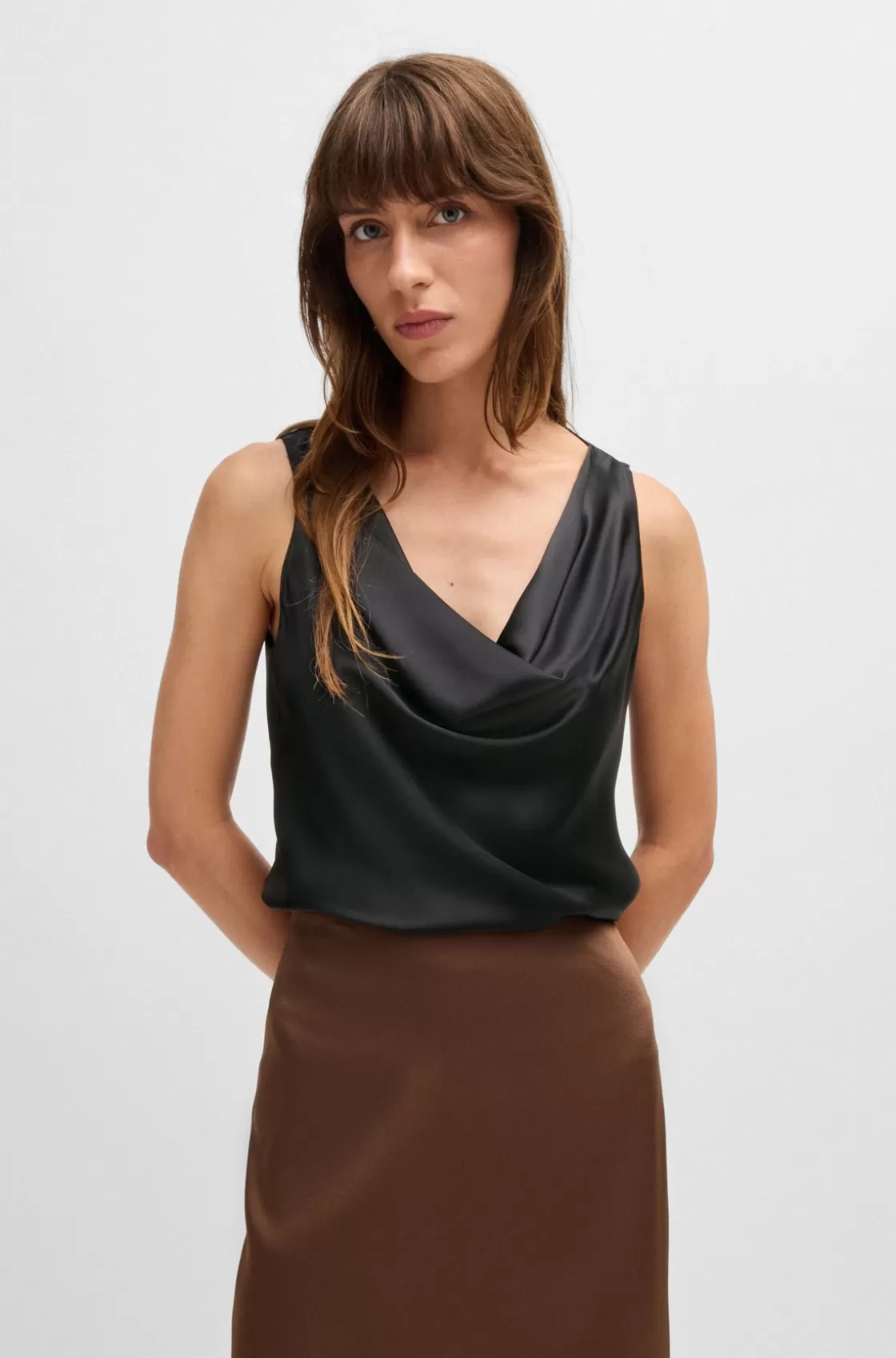 HUGO BOSS Satin Relaxed-fit Blouse With Cowl Neckline Black Fashion
