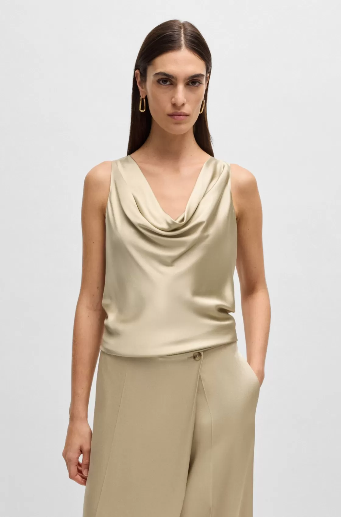 HUGO BOSS Satin Relaxed-fit Blouse With Cowl Neckline Light Beige Shop