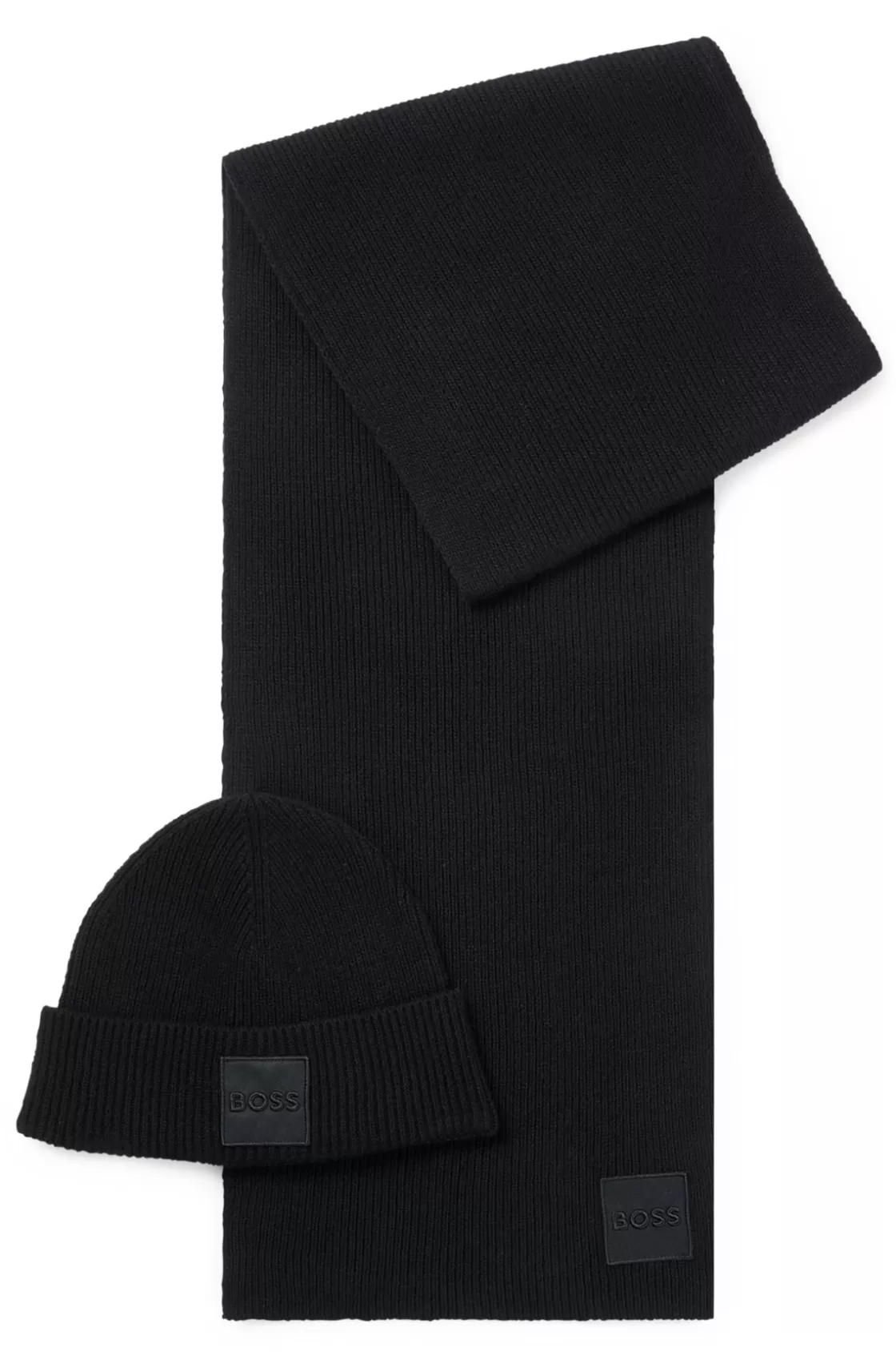 HUGO BOSS Scarf And Beanie Hat Set With Embroidered-logo Badge Black New