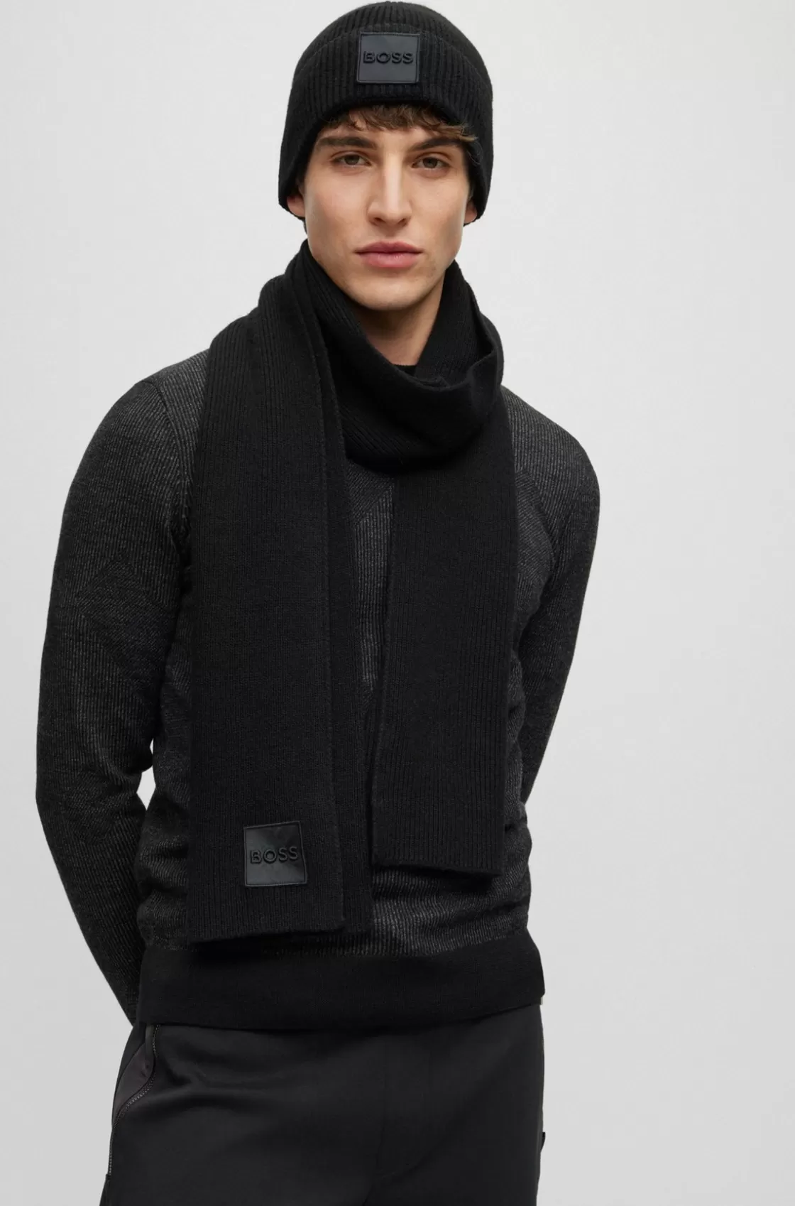HUGO BOSS Scarf And Beanie Hat Set With Embroidered-logo Badge Black New