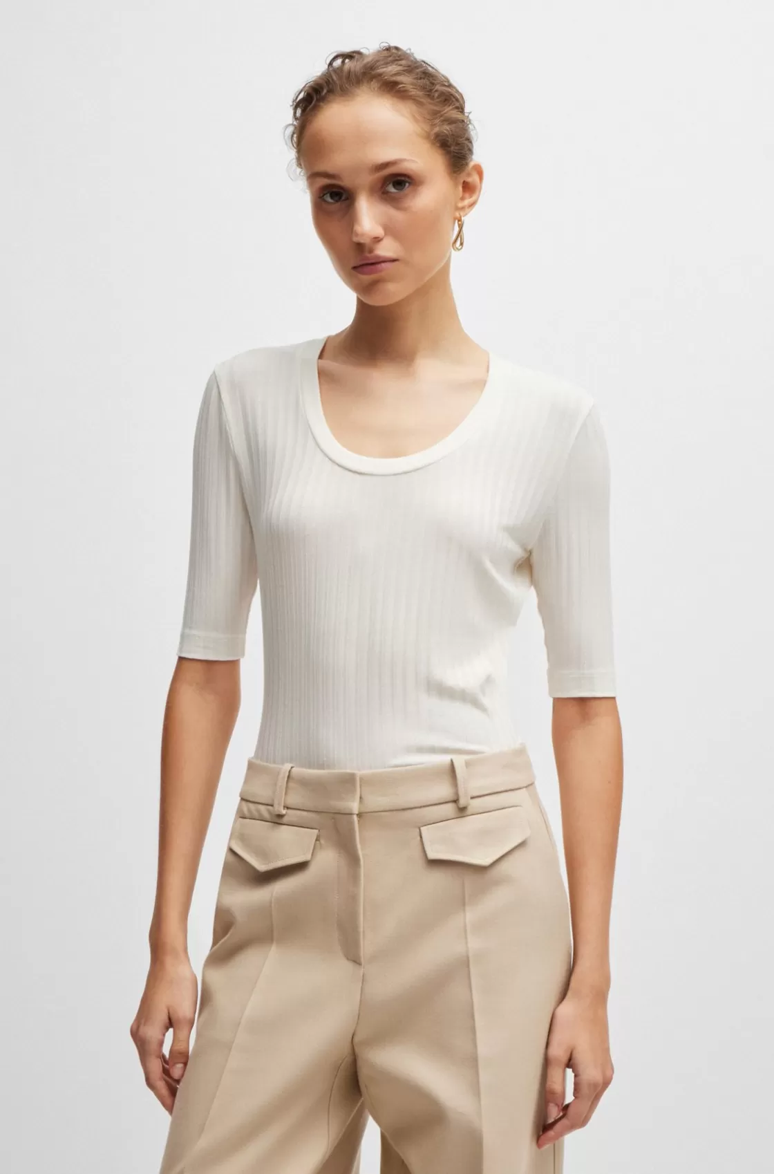 HUGO BOSS Scoop-neck Top In Stretch Fabric White Store