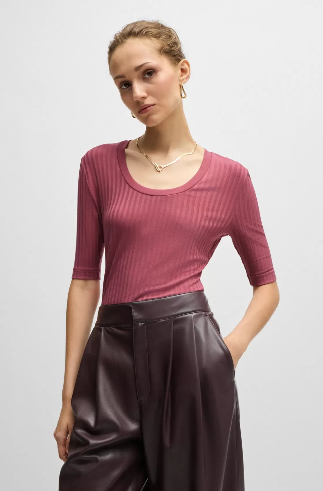HUGO BOSS Scoop-neck Top In Stretch Fabric Light Red Hot