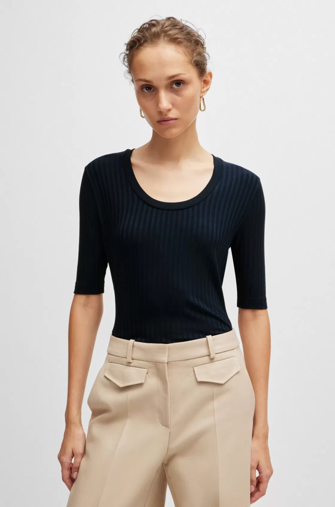 HUGO BOSS Scoop-neck Top In Stretch Fabric Dark Blue Best Sale