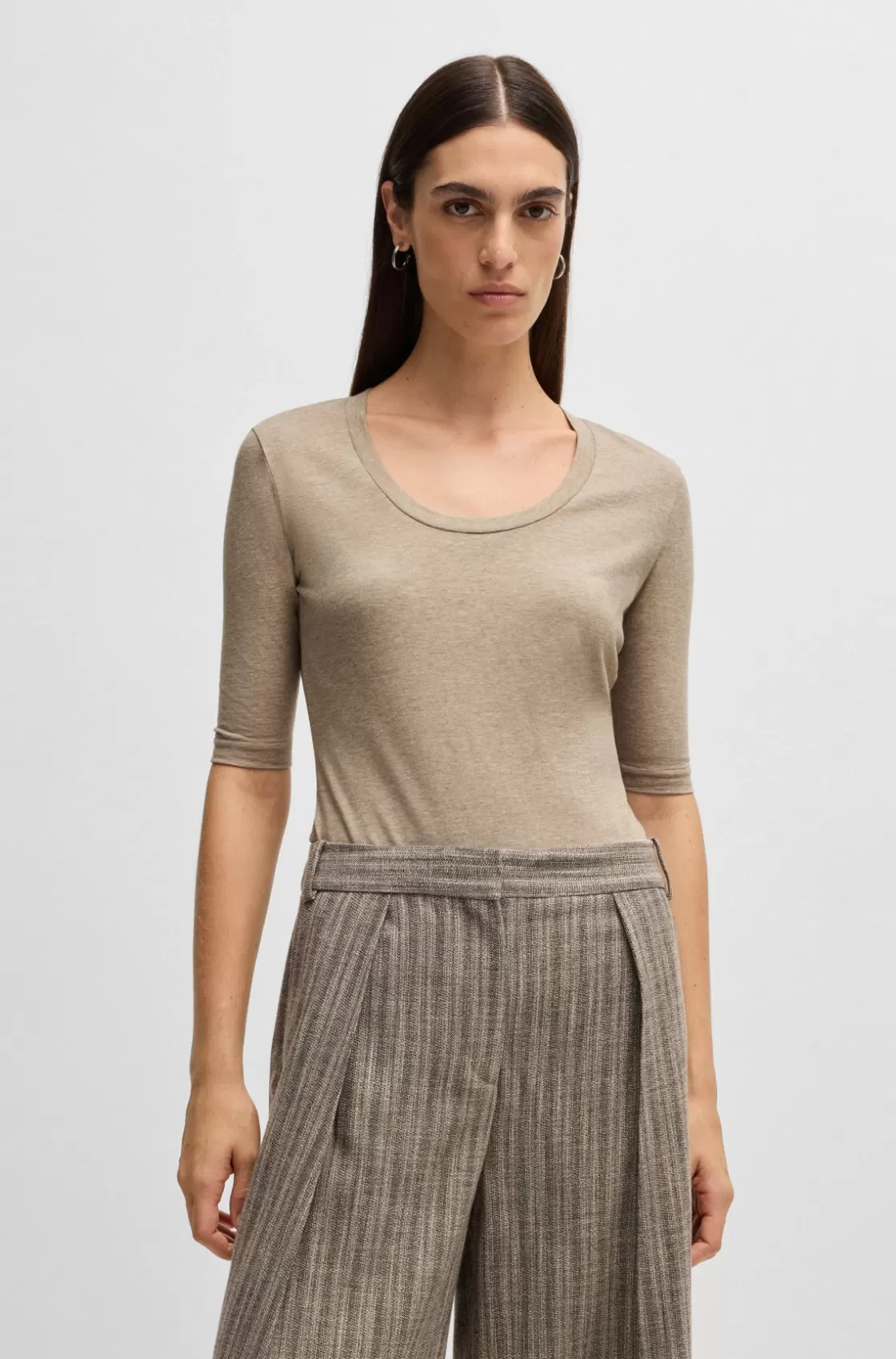 HUGO BOSS Scoop-neck Top In Wool And Cotton Light Grey Cheap