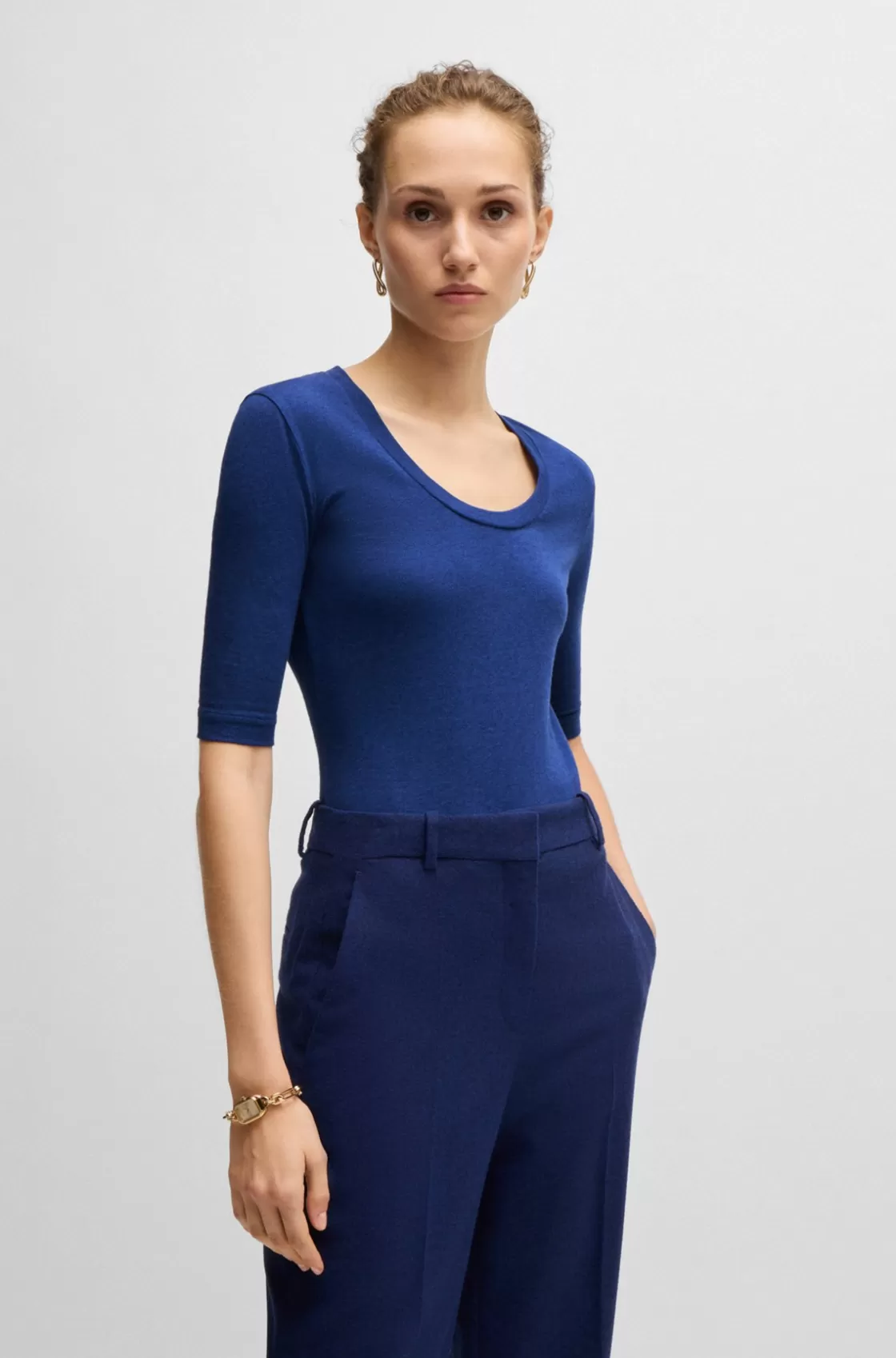 HUGO BOSS Scoop-neck Top In Wool And Cotton Light Blue Shop