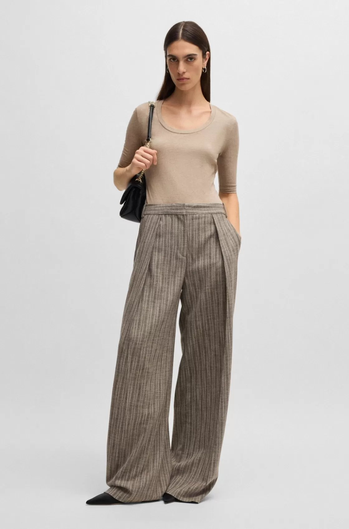 HUGO BOSS Scoop-neck Top In Wool And Cotton Light Grey Cheap
