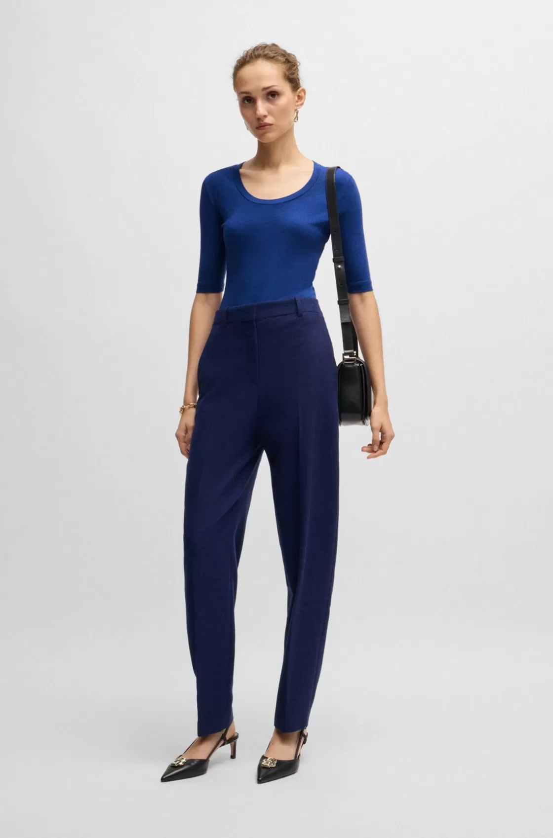 HUGO BOSS Scoop-neck Top In Wool And Cotton Light Blue Shop