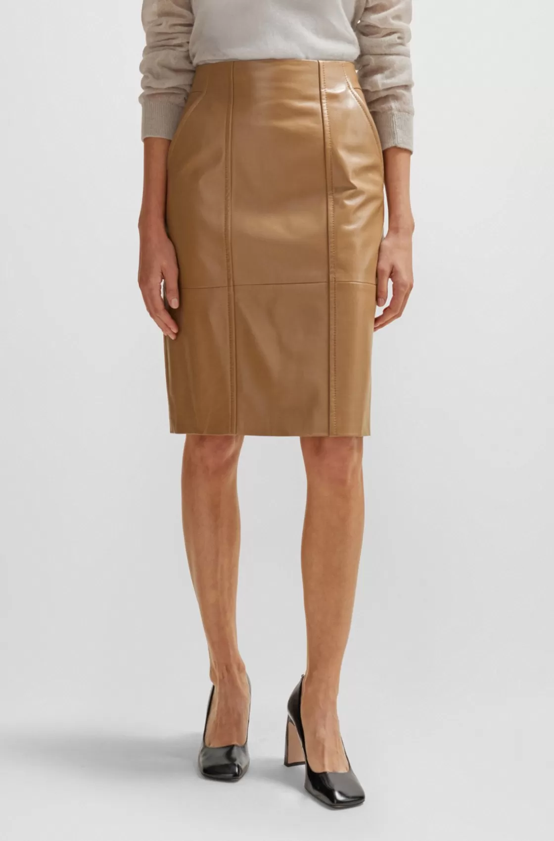 HUGO BOSS Seam-detail Pencil Skirt In Lamb Leather Beige Online