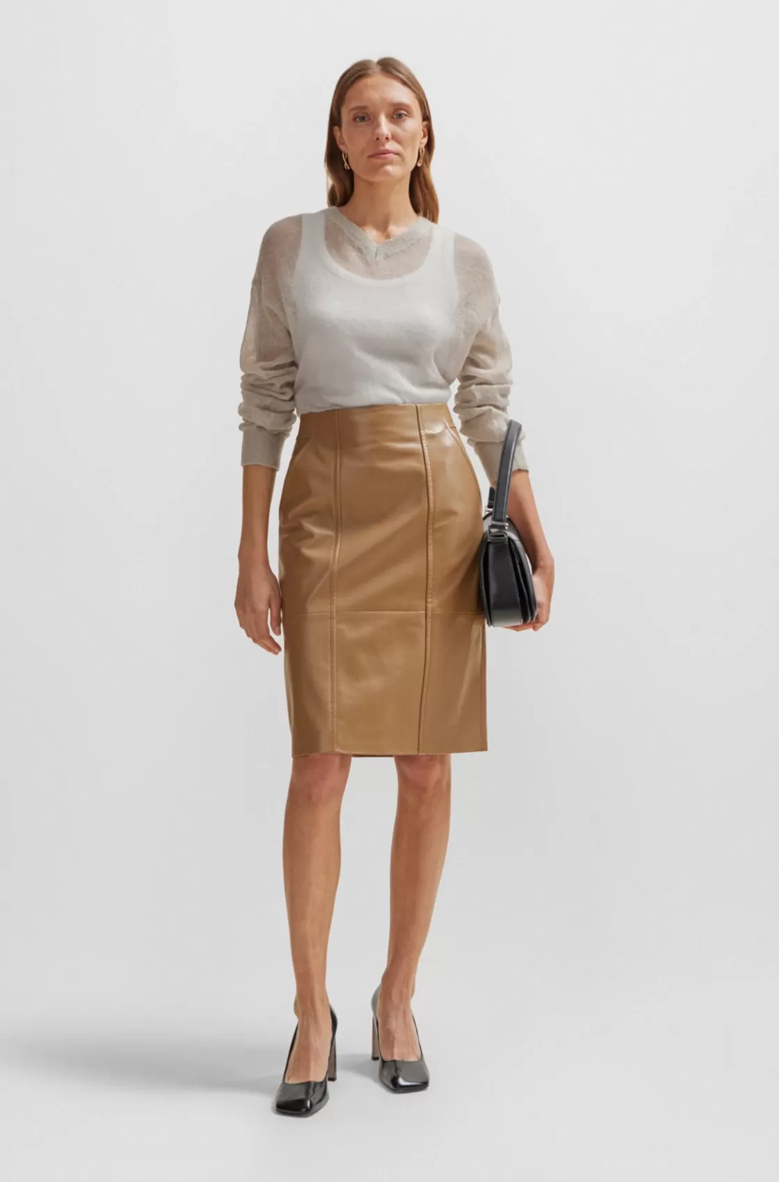 HUGO BOSS Seam-detail Pencil Skirt In Lamb Leather Beige Online