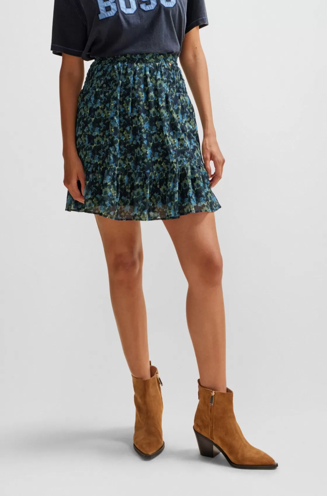 HUGO BOSS Seasonal-print Mini Skirt With Volant Hem Patterned Outlet