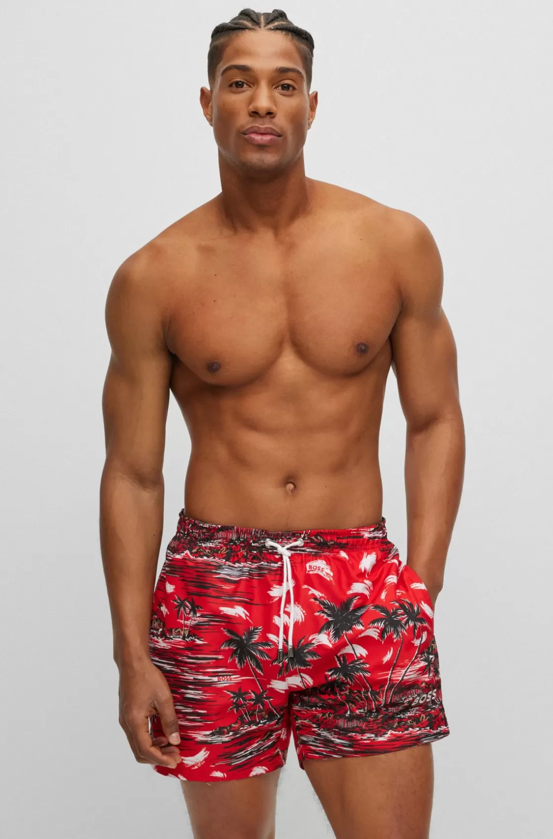 HUGO BOSS Seasonal-print Swim Shorts In Quick-drying Fabric Red Online