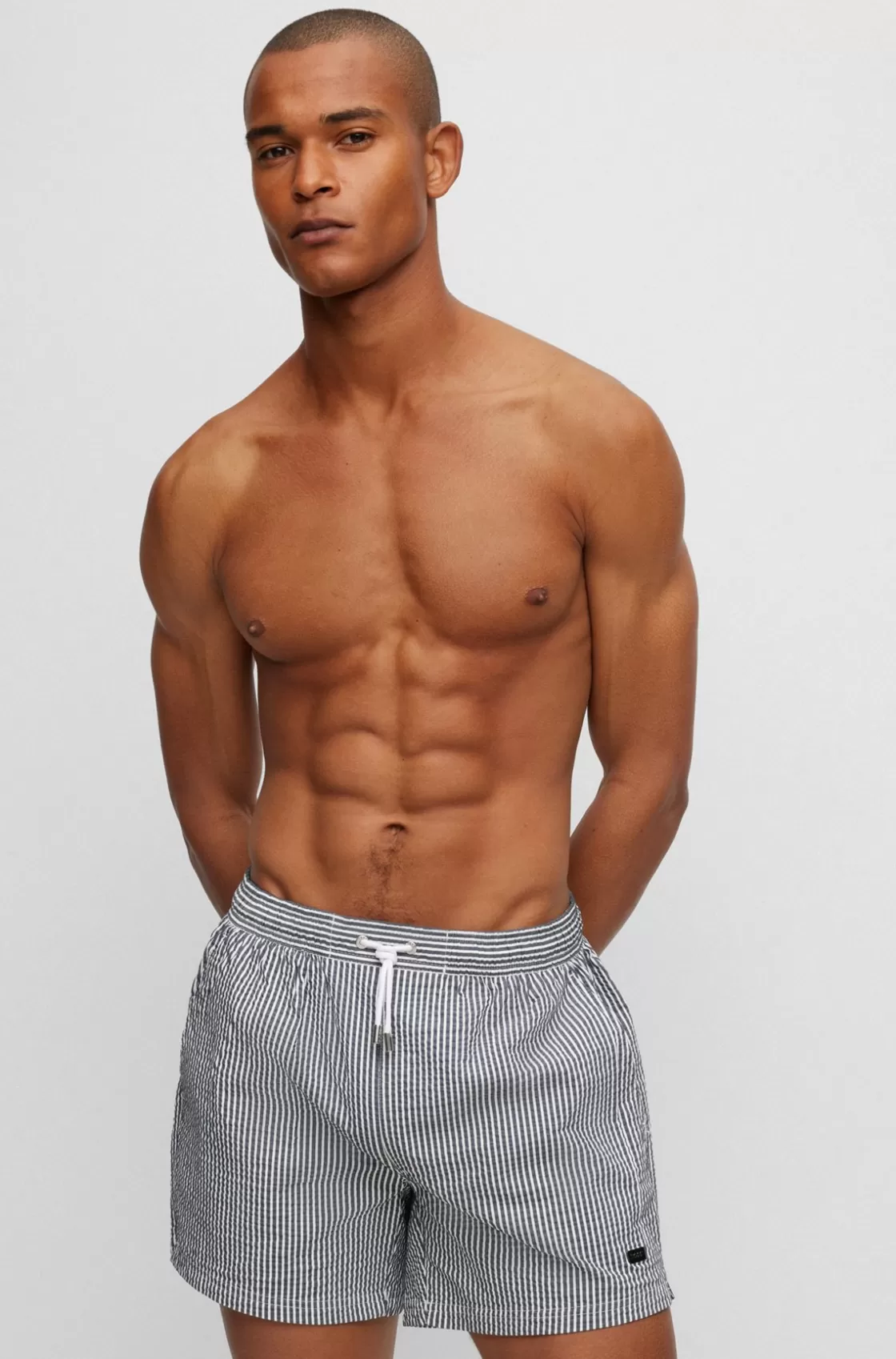 HUGO BOSS Seersucker Striped Swim Shorts With Logo Badge Black Shop