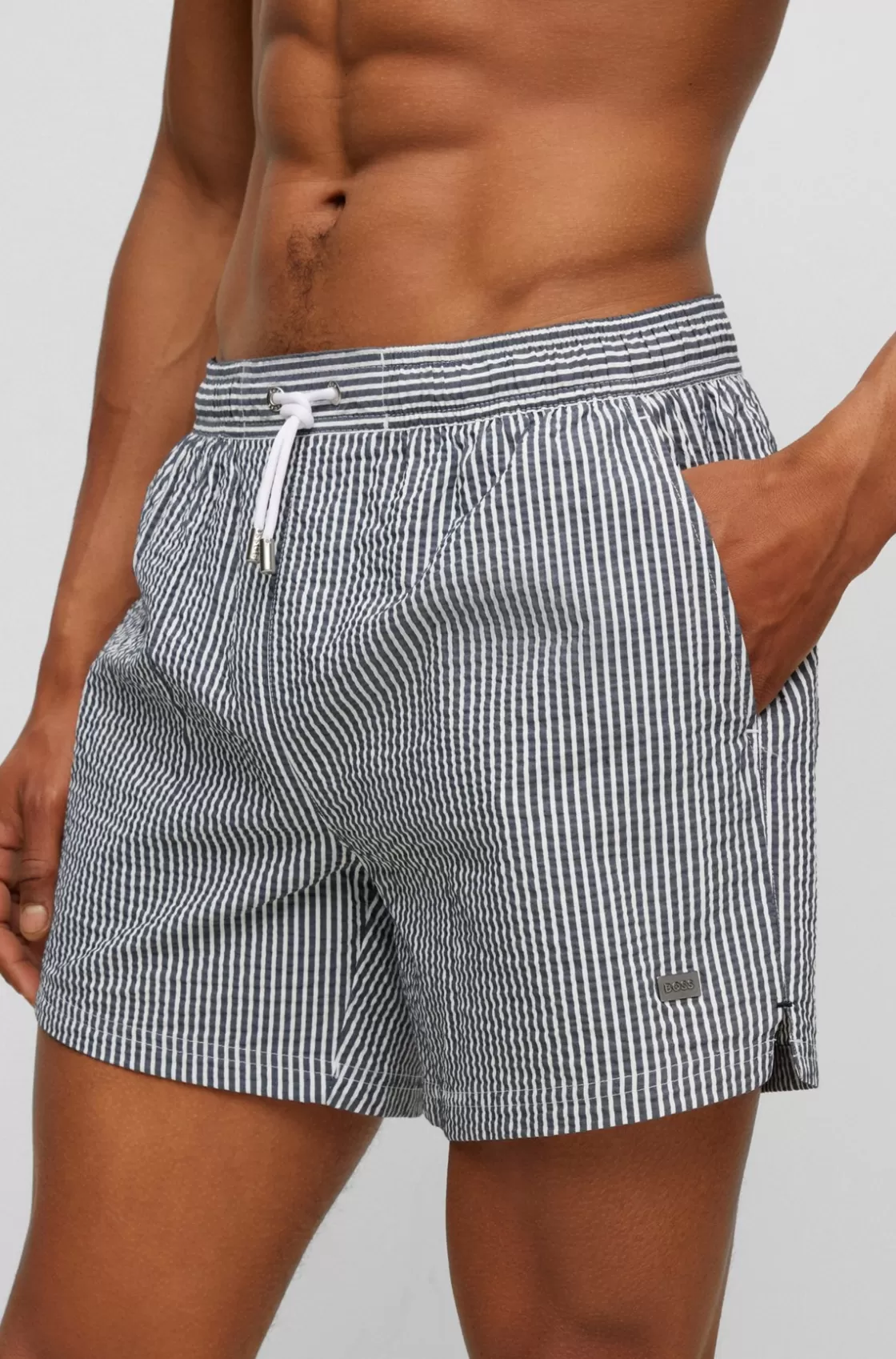 HUGO BOSS Seersucker Striped Swim Shorts With Logo Badge Black Shop