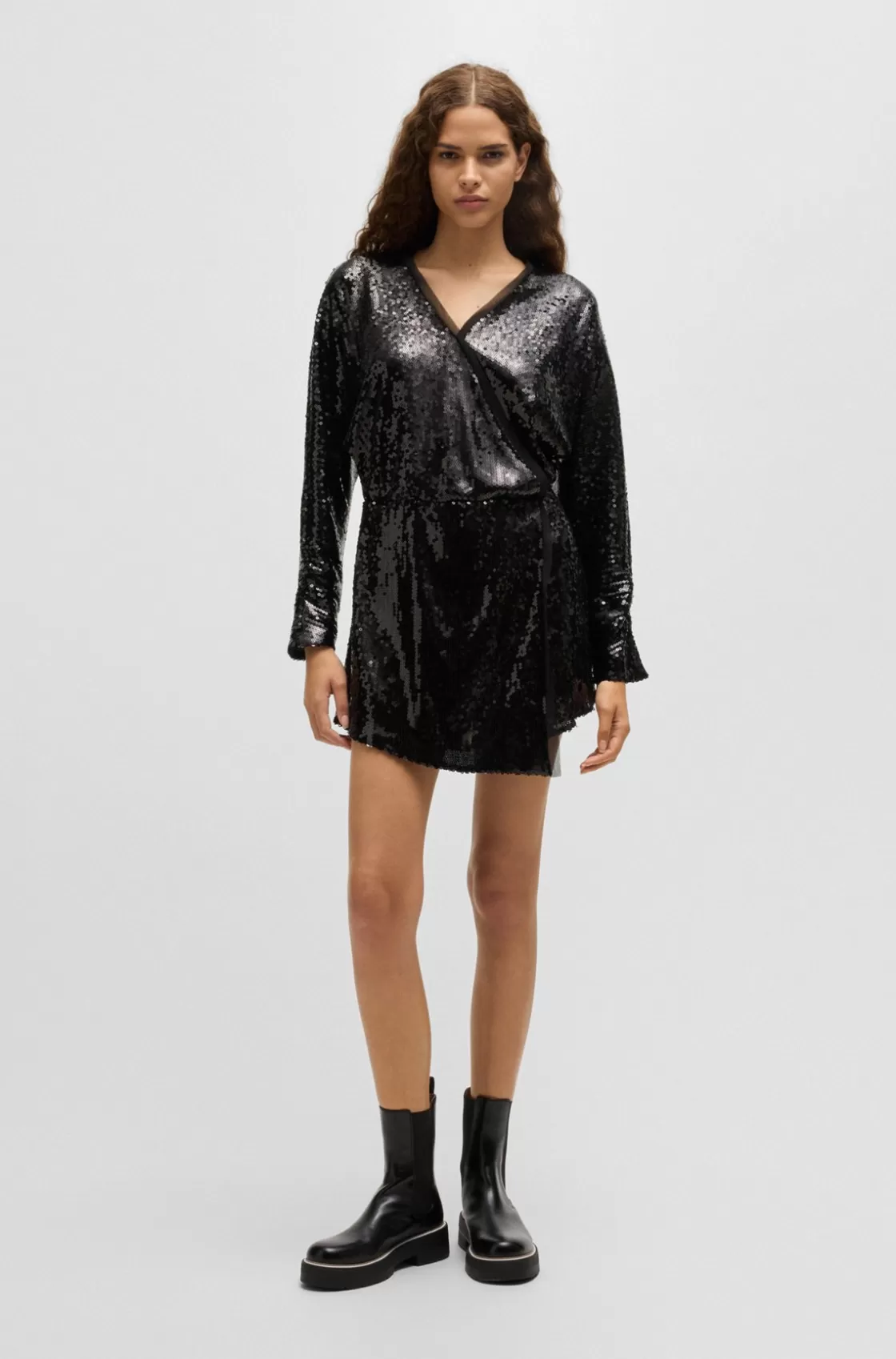 HUGO BOSS Sequinned Jumpsuit With Wrap Front Black Clearance