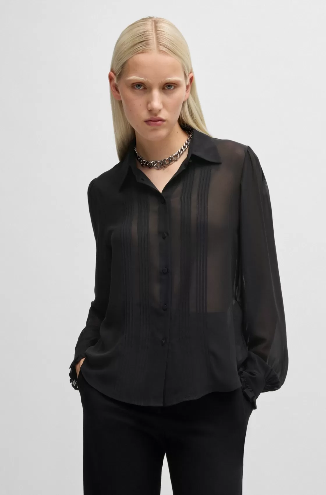 HUGO BOSS Sheer Chiffon Blouse With Front Pleats Black Store
