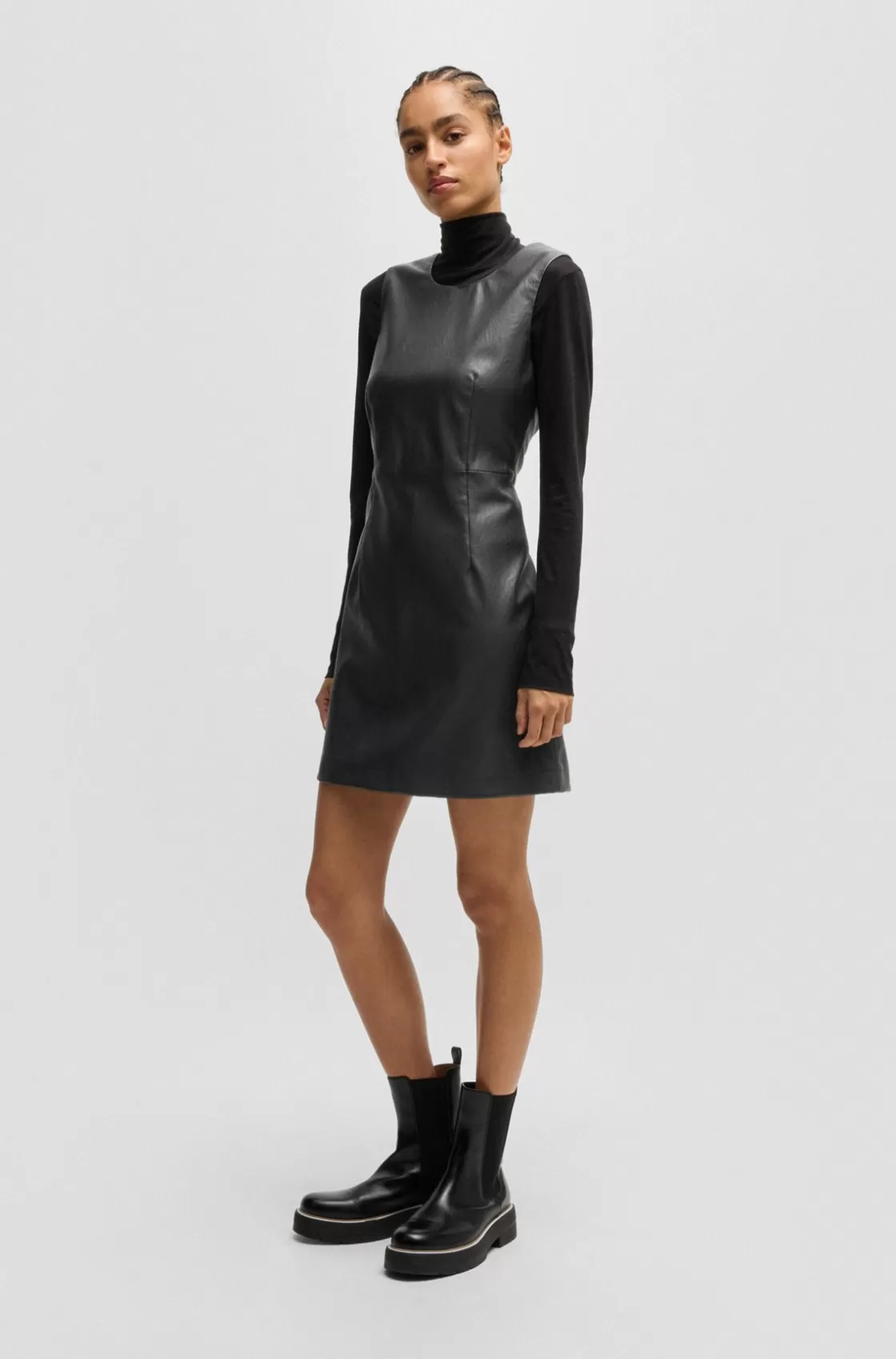 HUGO BOSS Shift Dress In Soft Faux Leather Black Store