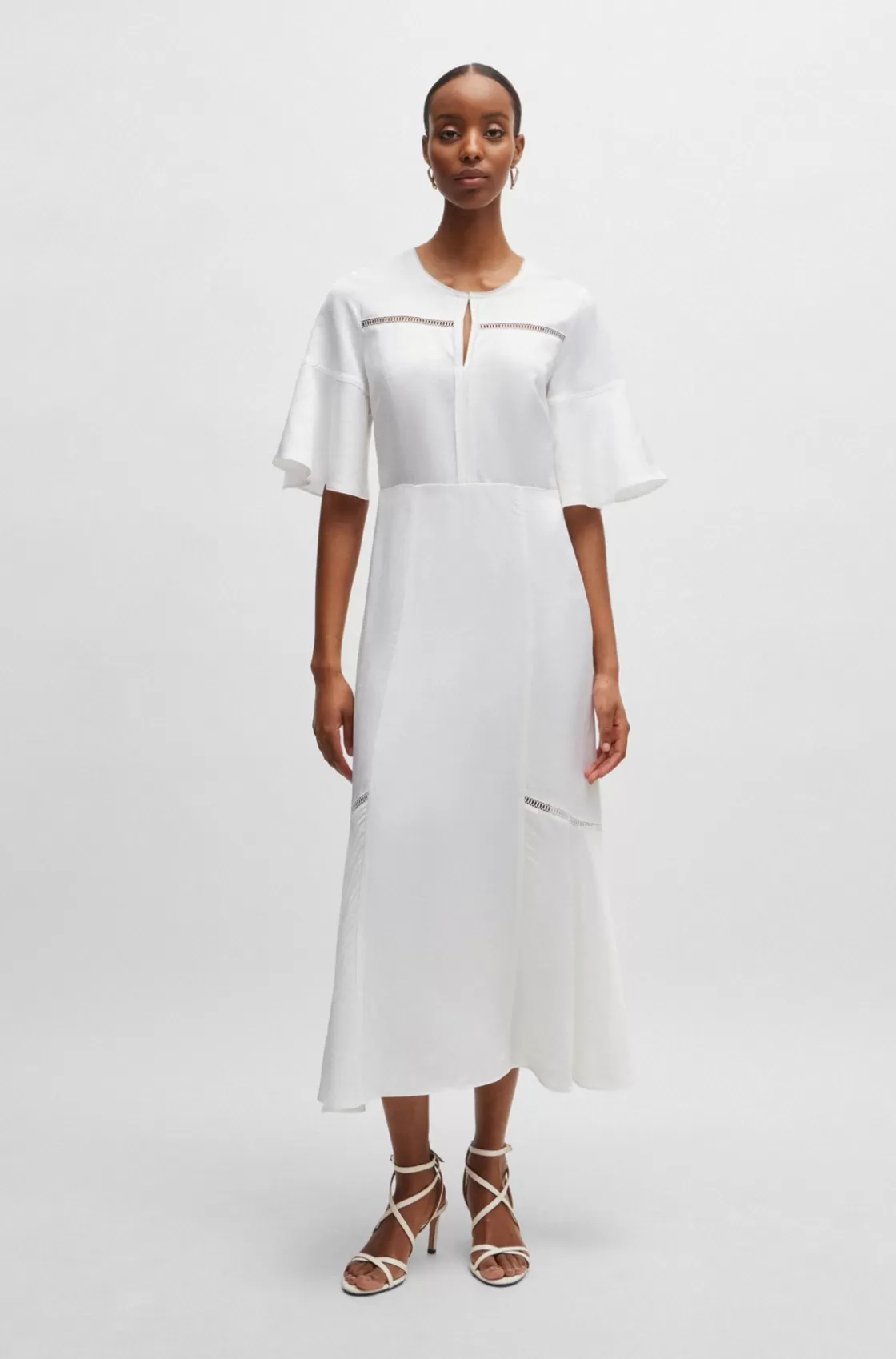 HUGO BOSS Short-sleeved Dress With Ladder-lace Trims White Discount
