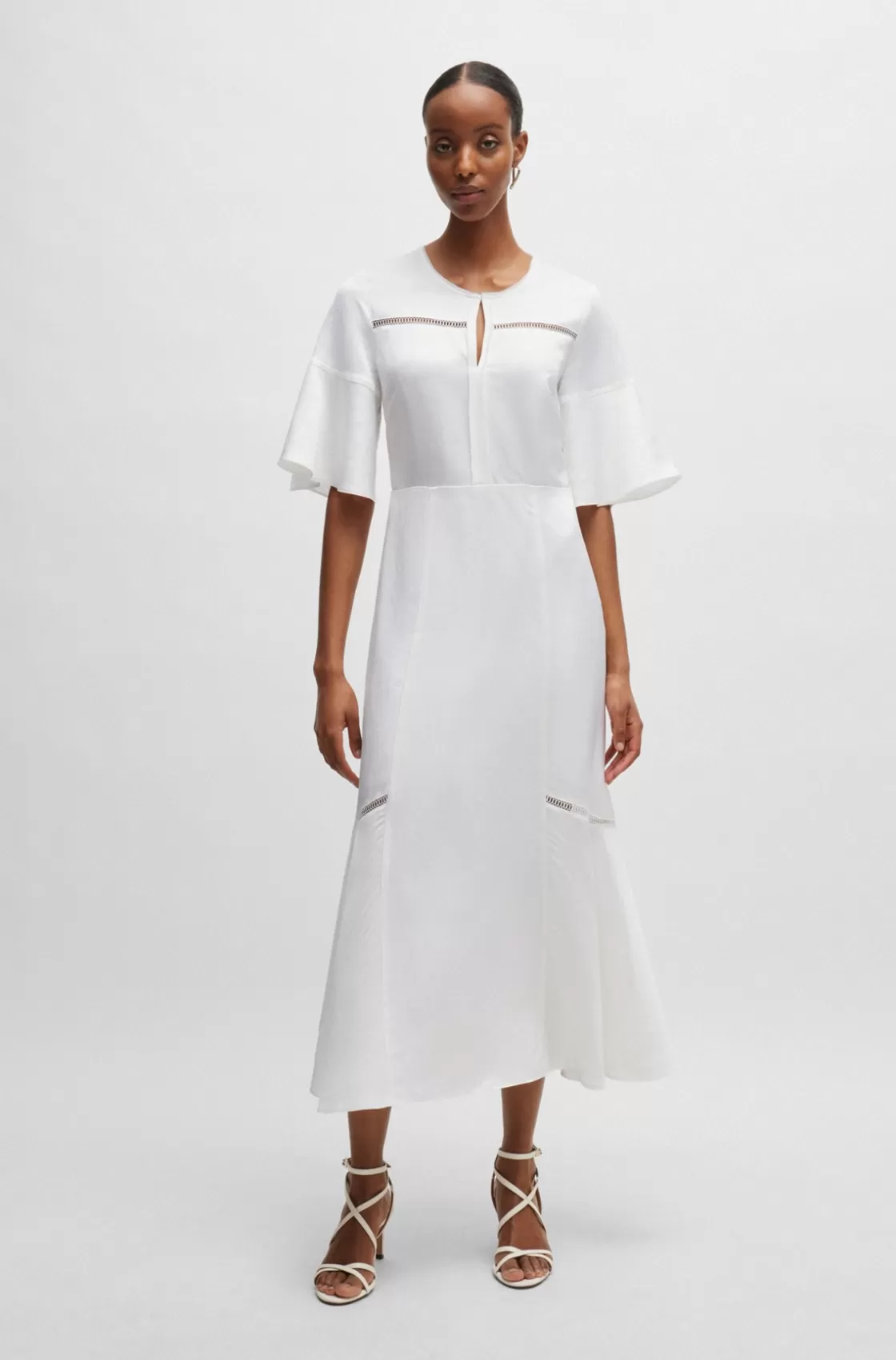 HUGO BOSS Short-sleeved Dress With Ladder-lace Trims White Discount