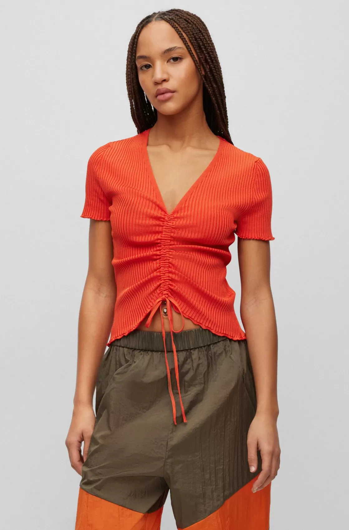 HUGO BOSS Short-sleeved Ribbed Sweater With Gathe Front Red Outlet
