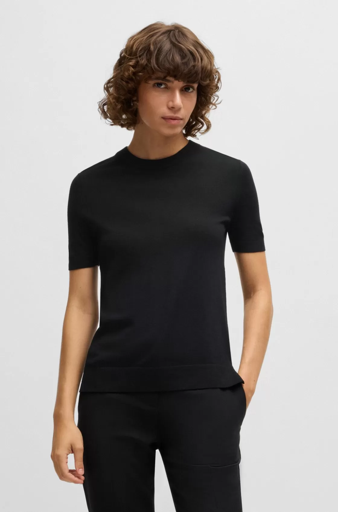 HUGO BOSS Short-sleeved Sweater In Merino Wool Black Cheap