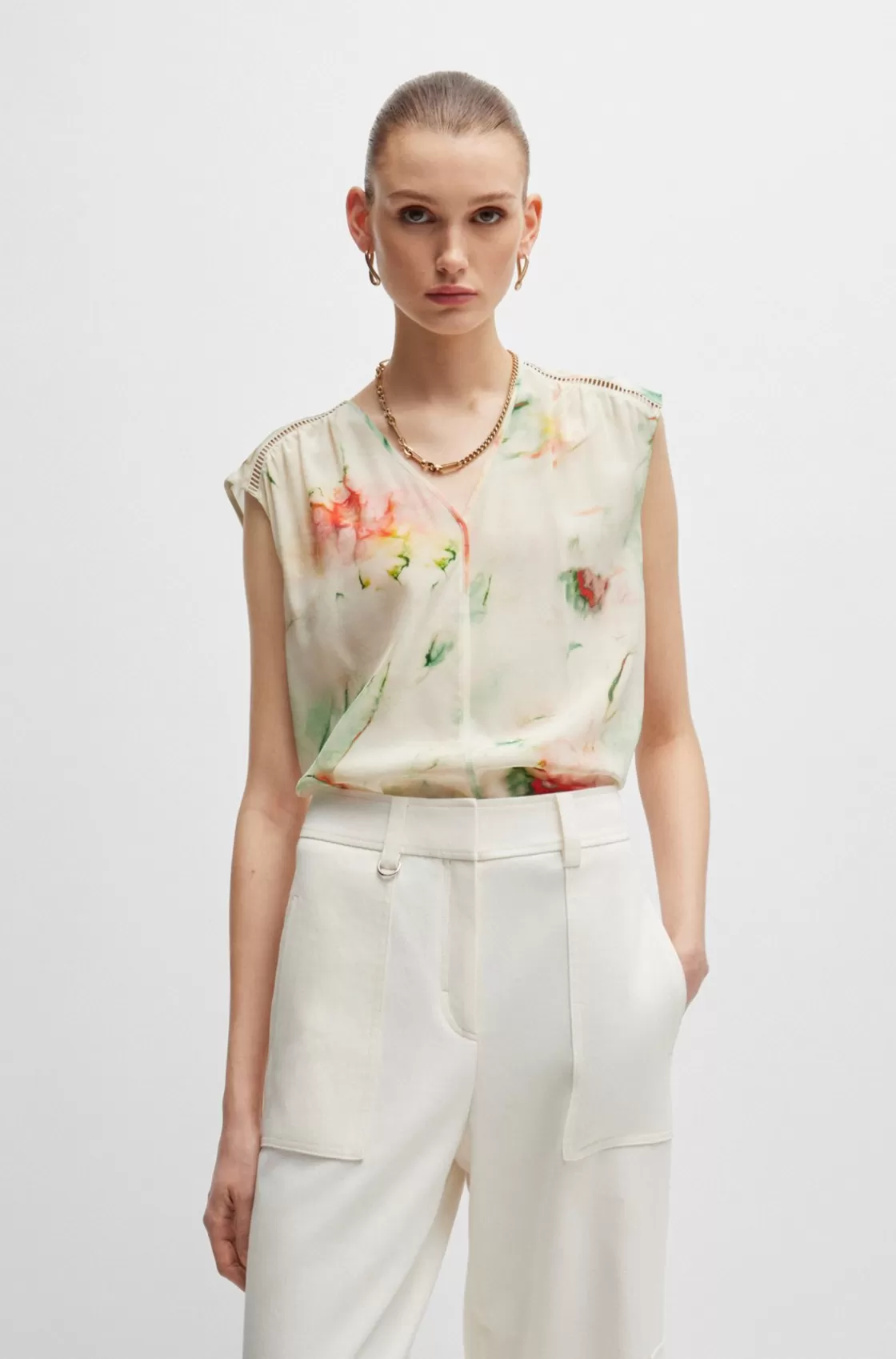 HUGO BOSS Silk Blouse With Ladder Lace And Seasonal Print Patterned Cheap