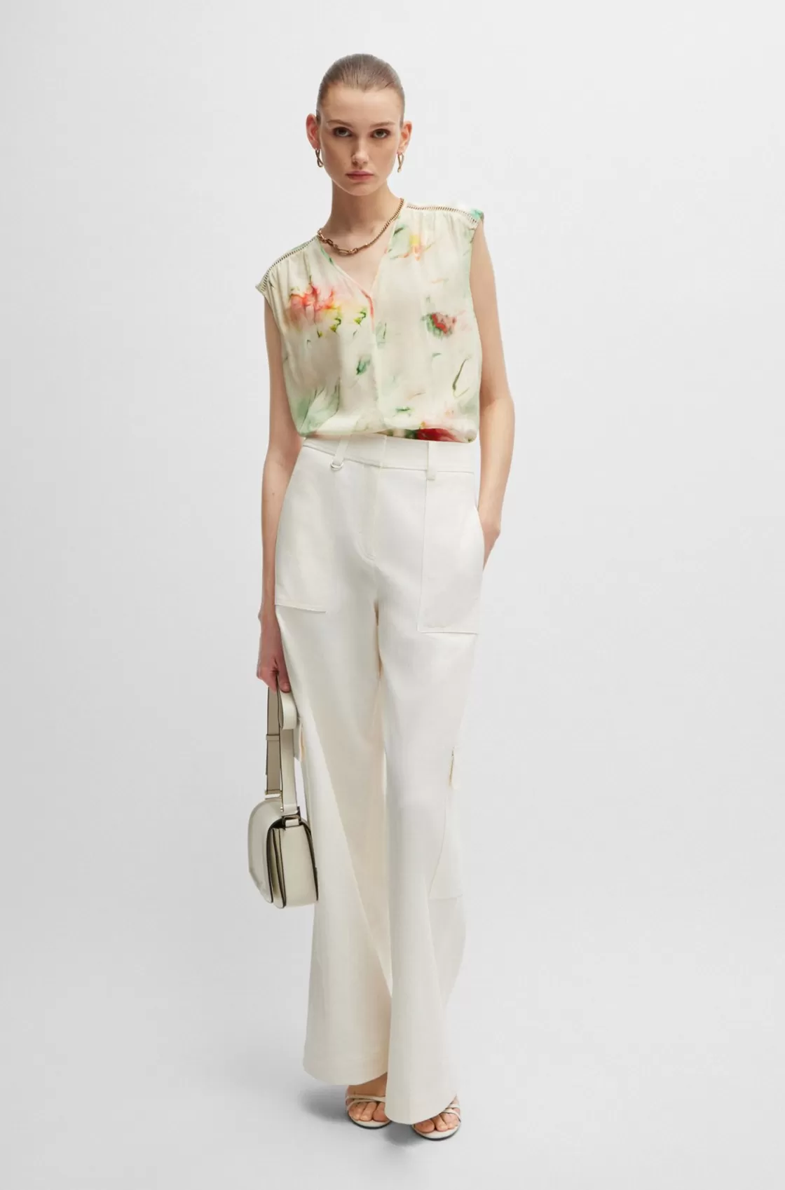HUGO BOSS Silk Blouse With Ladder Lace And Seasonal Print Patterned Cheap