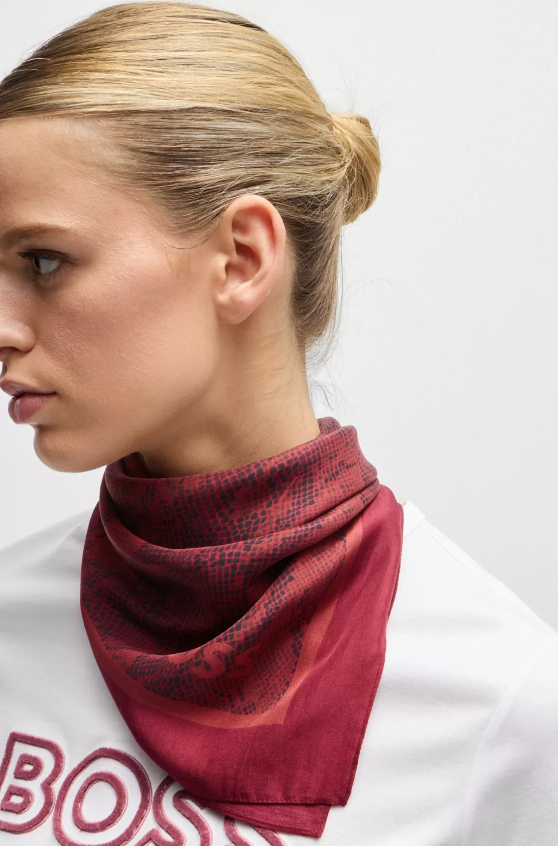 HUGO BOSS Silk-twill Scarf With Seasonal Print Dark Red Cheap
