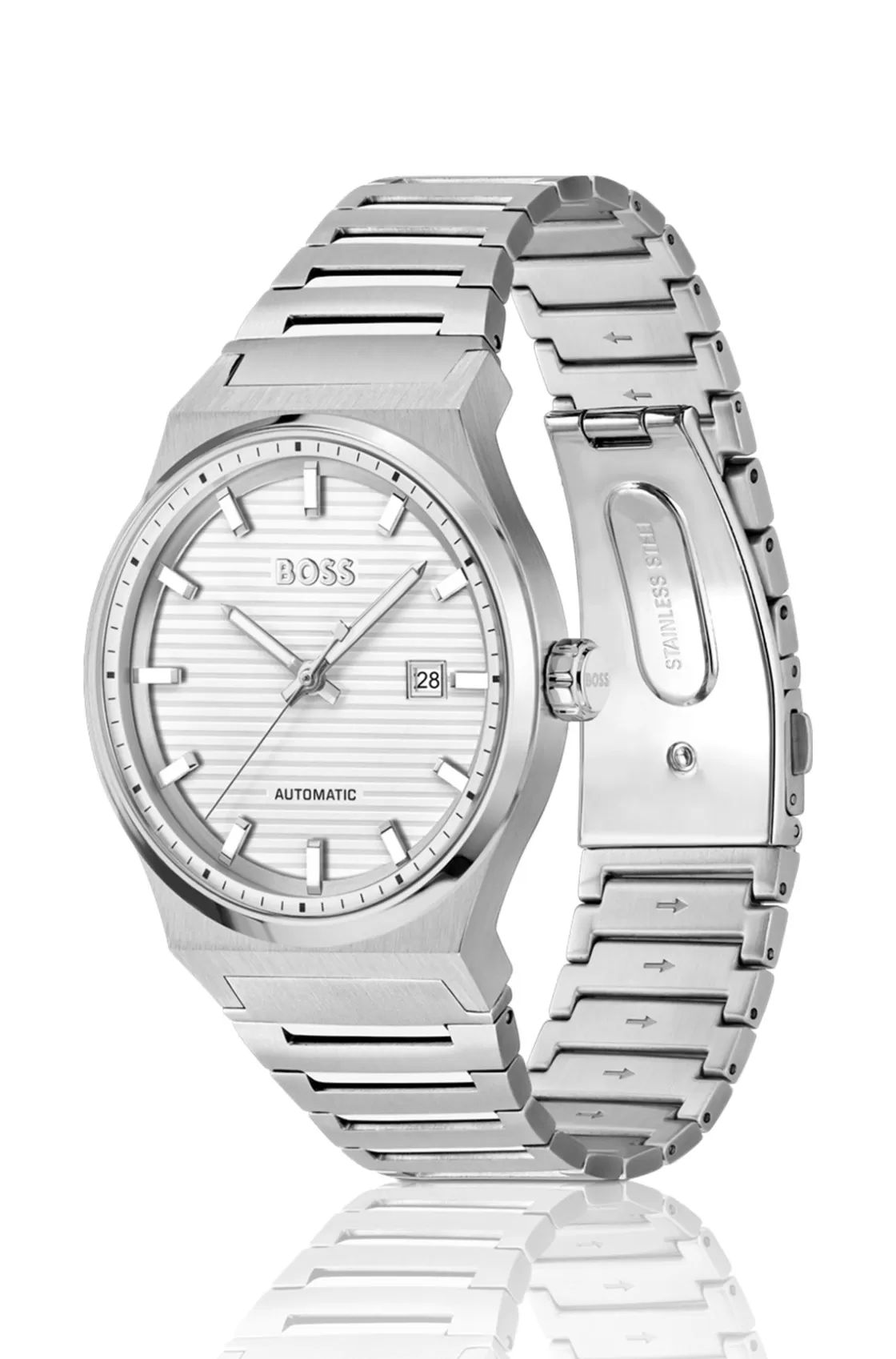 HUGO BOSS Silver-tone Automatic Watch With White Grooved Dial Assorted-Pre-Pack Store