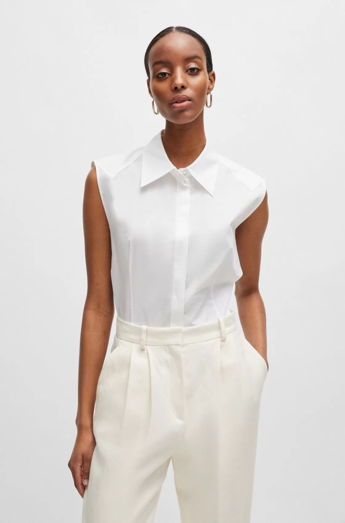 HUGO BOSS Sleeveless Blouse In Stretch-cotton Canvas White New