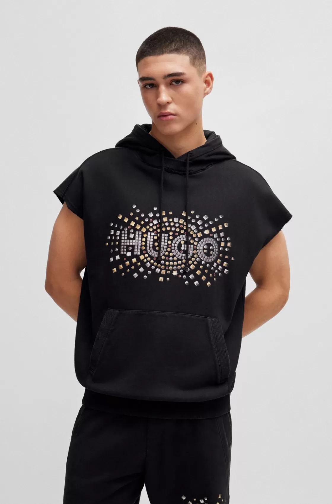 HUGO BOSS Sleeveless Cotton Hoodie With Stud-effect Artwork Black Store
