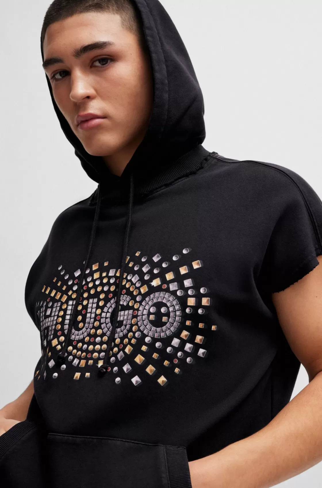 HUGO BOSS Sleeveless Cotton Hoodie With Stud-effect Artwork Black Store