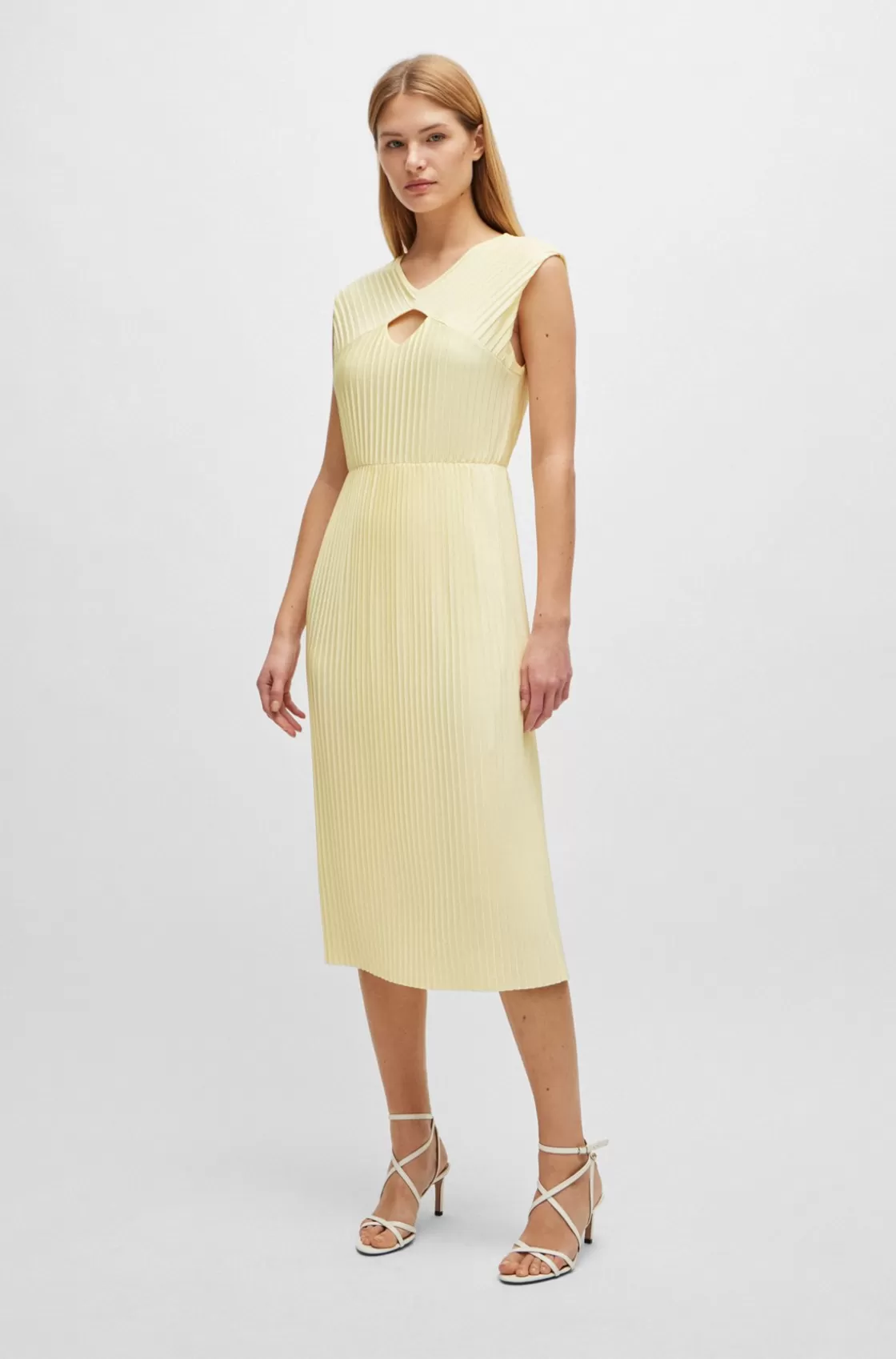 HUGO BOSS Sleeveless Dress In High-shine Plissé Fabric Light Yellow Discount