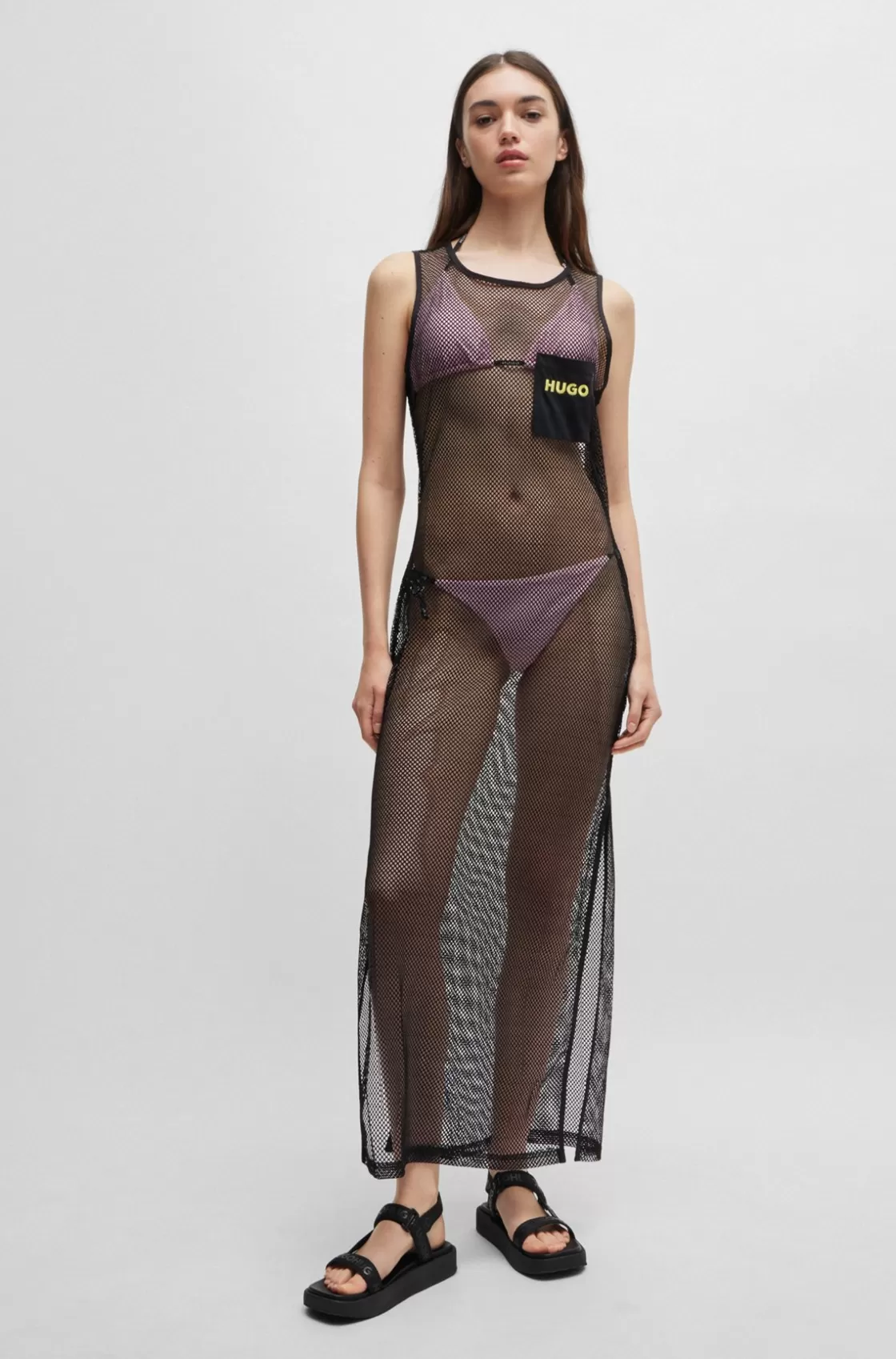 HUGO BOSS Sleeveless Dress In Net Mesh With Logo Embroidery Black Online