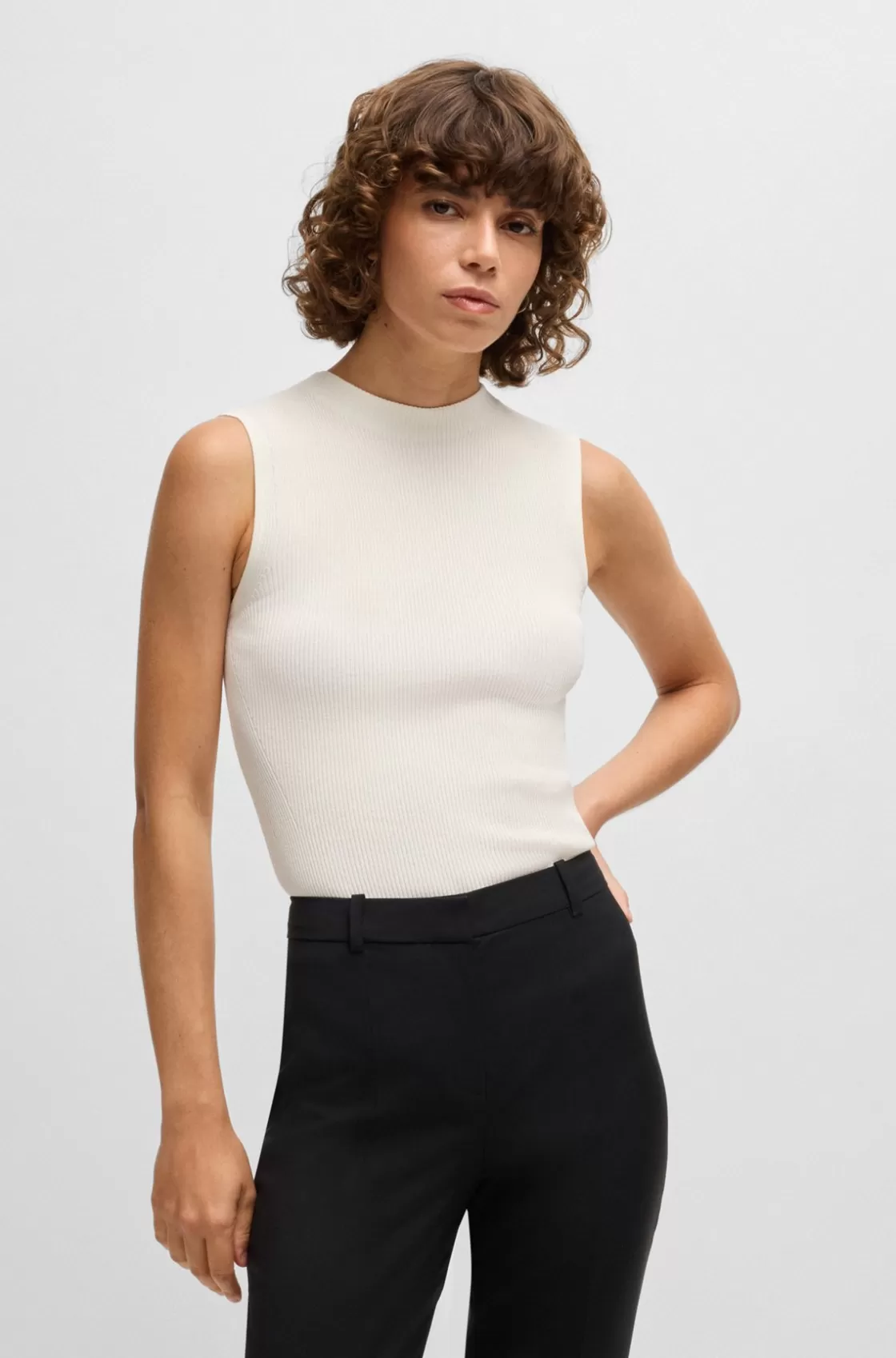 HUGO BOSS Sleeveless Mock-neck Top In Ribbed Fabric White Cheap